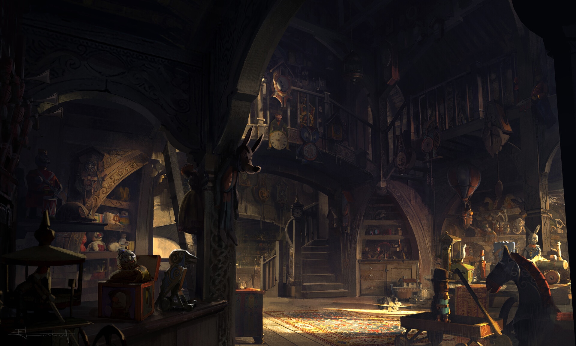 Interior of a cluttered toy shop with stairs and clocks HD Wallpaper