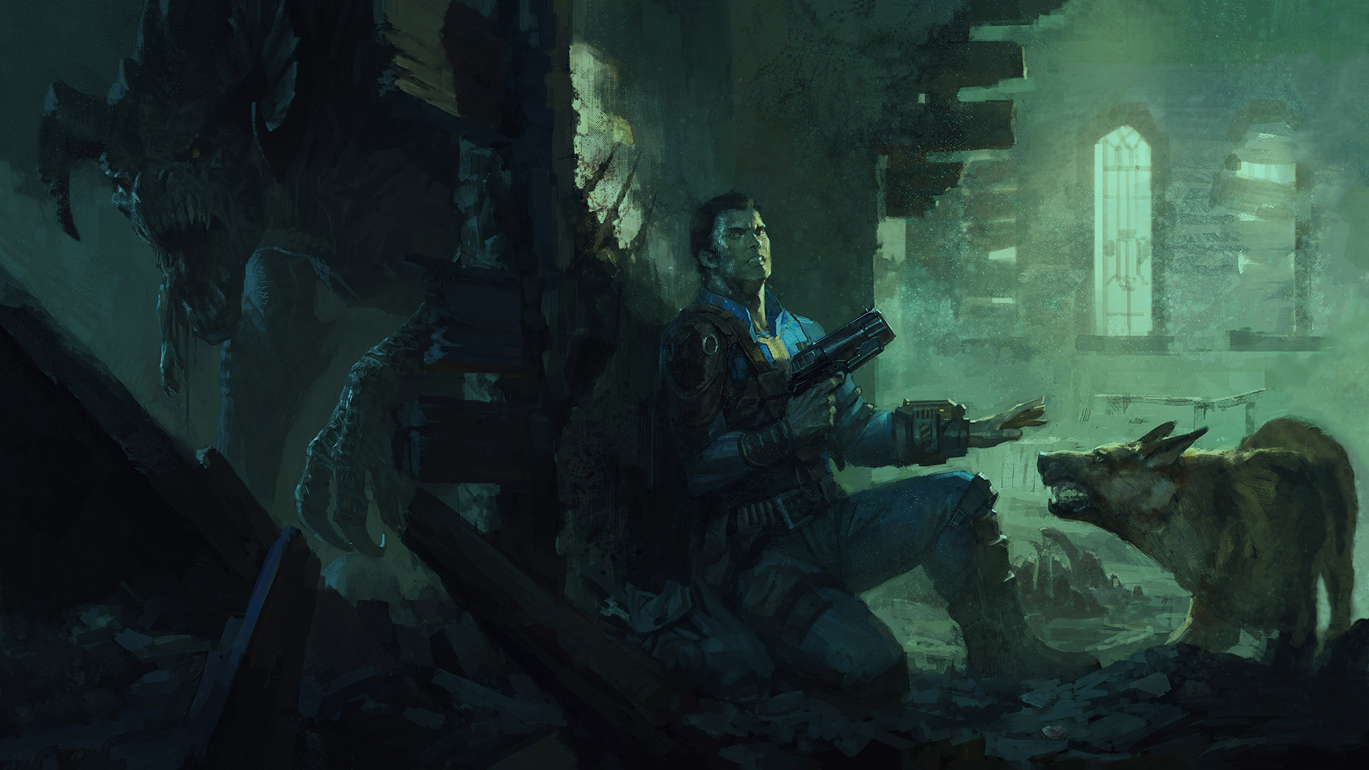Fallout 4: Man with gun faces Deathclaw and dog HD Wallpaper