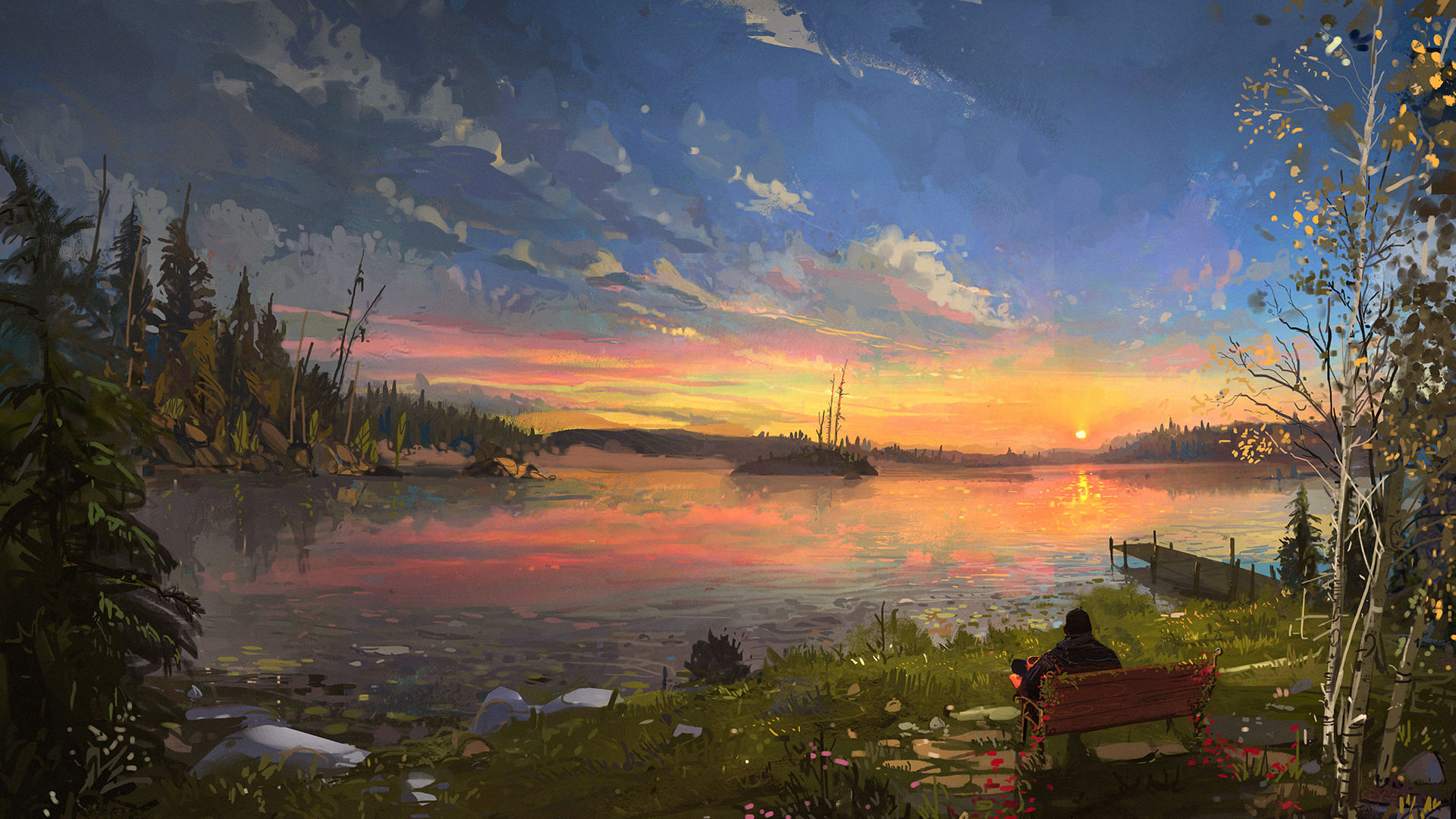 Sunset over a lake with a person on a bench HD Wallpaper