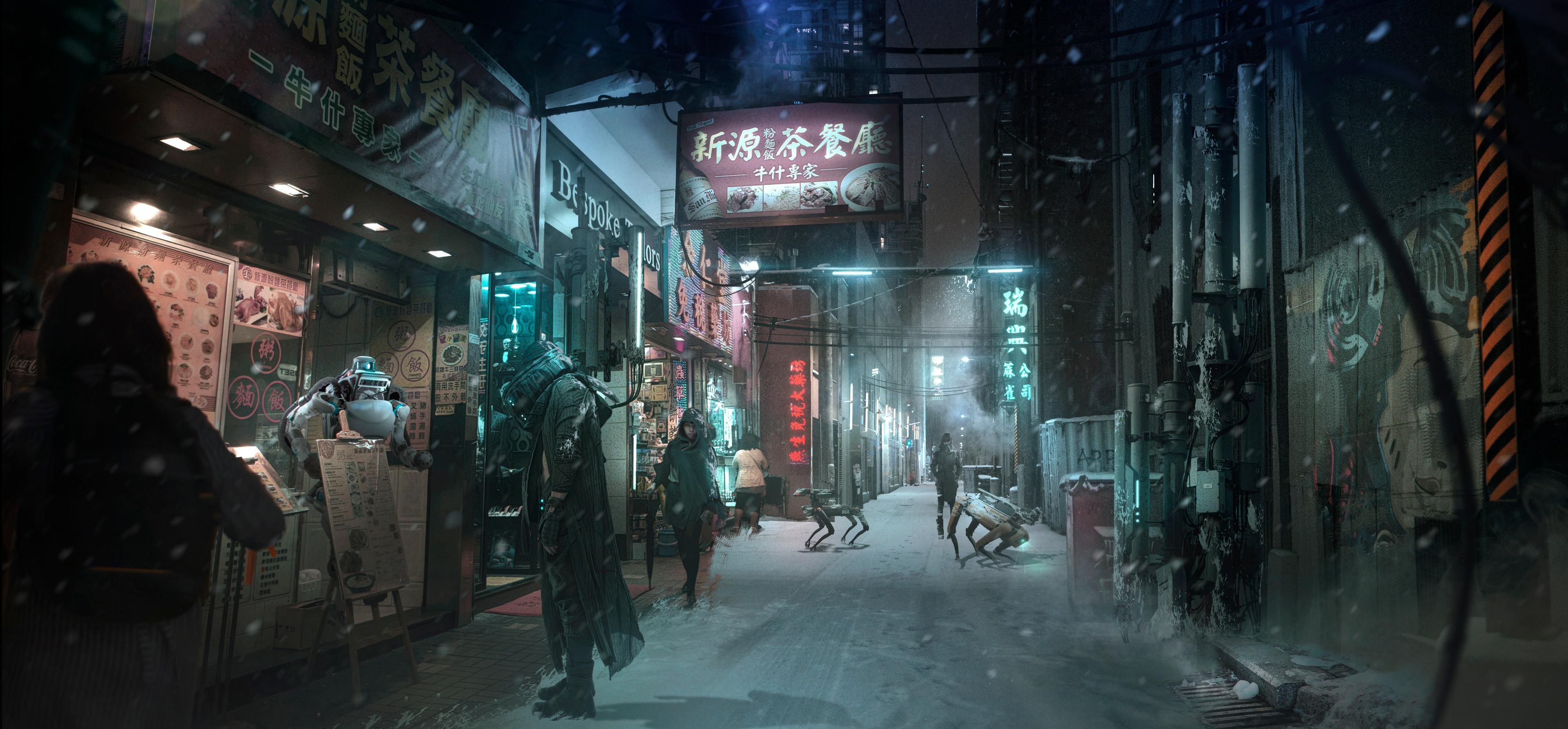 4K futuristic street market in winter with robots HD Wallpaper