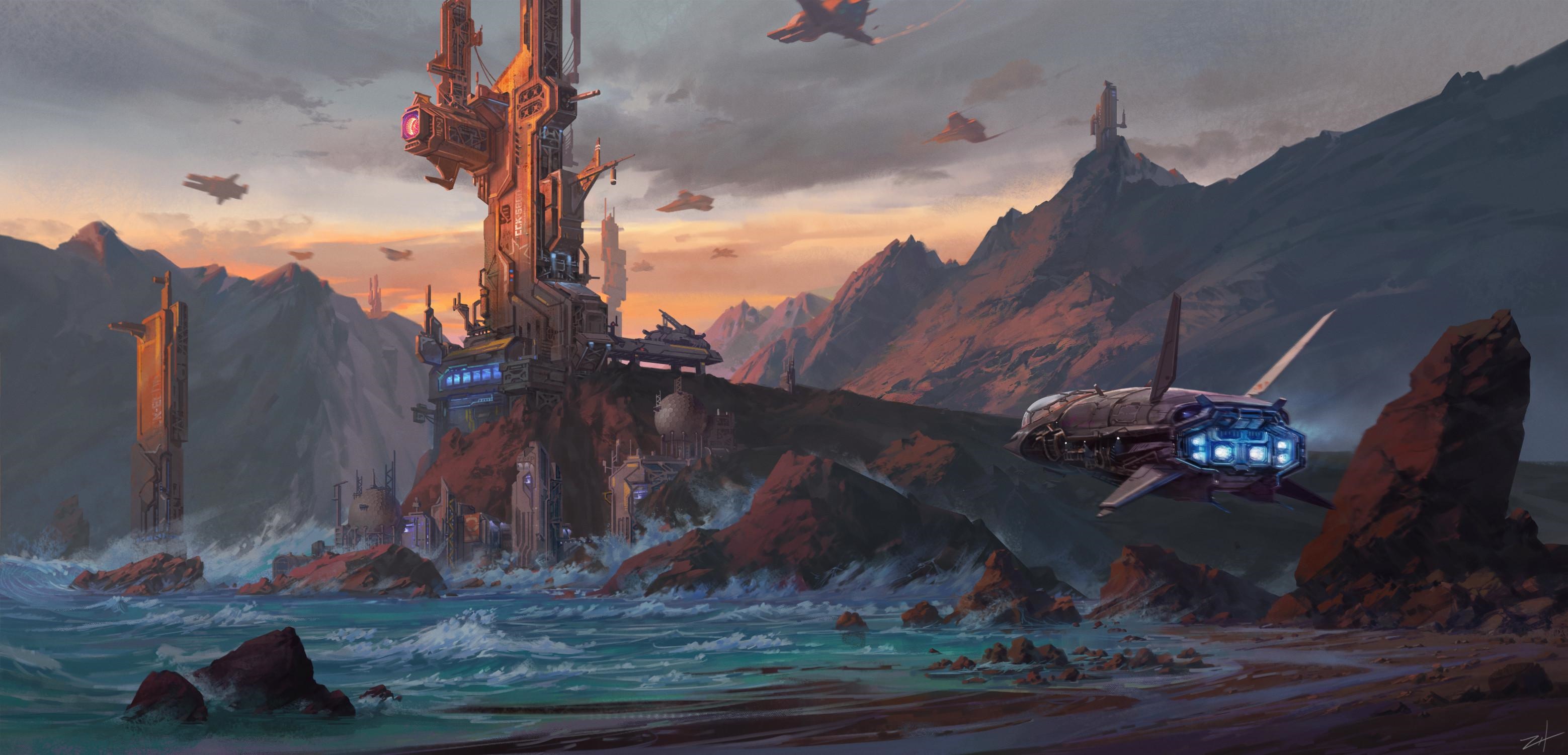 Futuristic architecture and spaceships on a rocky coast HD Wallpaper