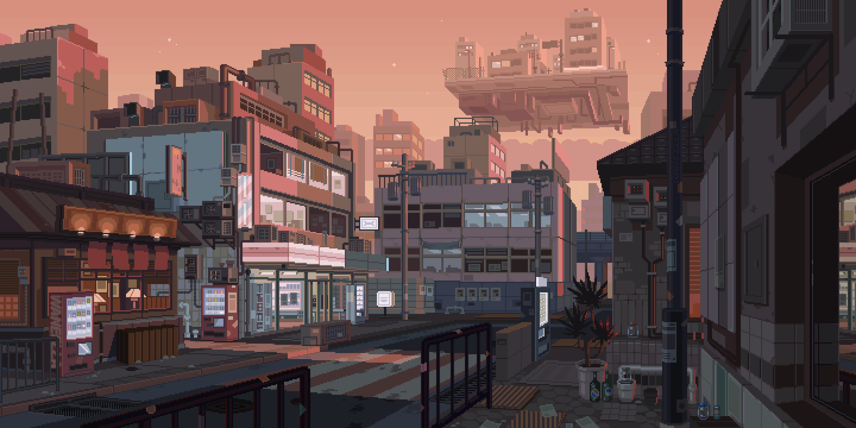 Futuristic pixel art city street with a floating building HD Wallpaper