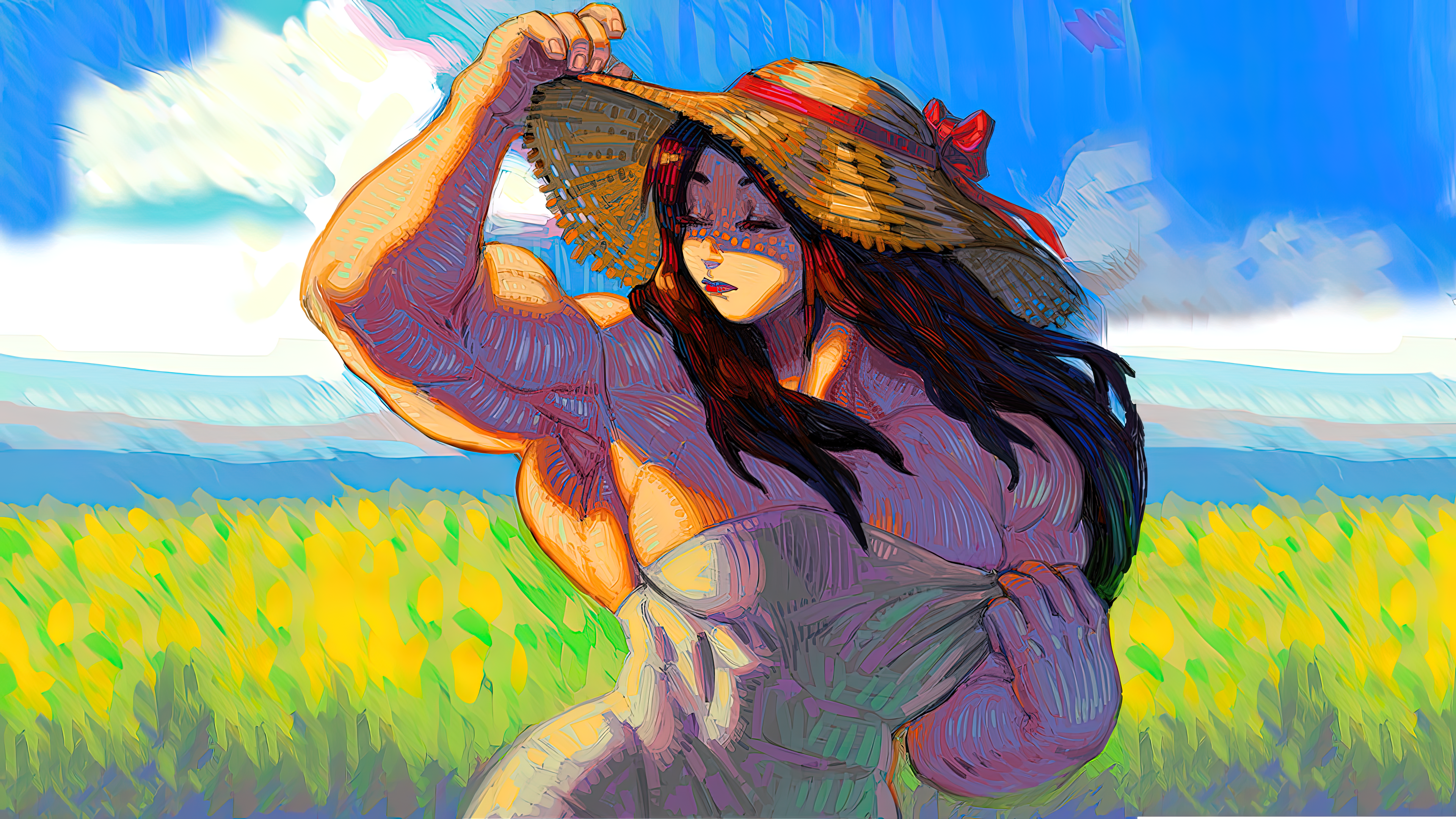 Muscular woman in straw hat in a field HD Wallpaper