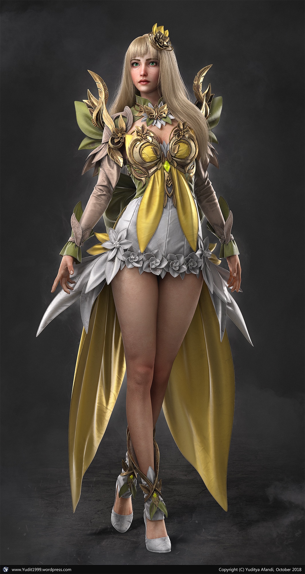 Fantasy art of a blonde woman in a yellow and white dress HD Phone Wallpaper