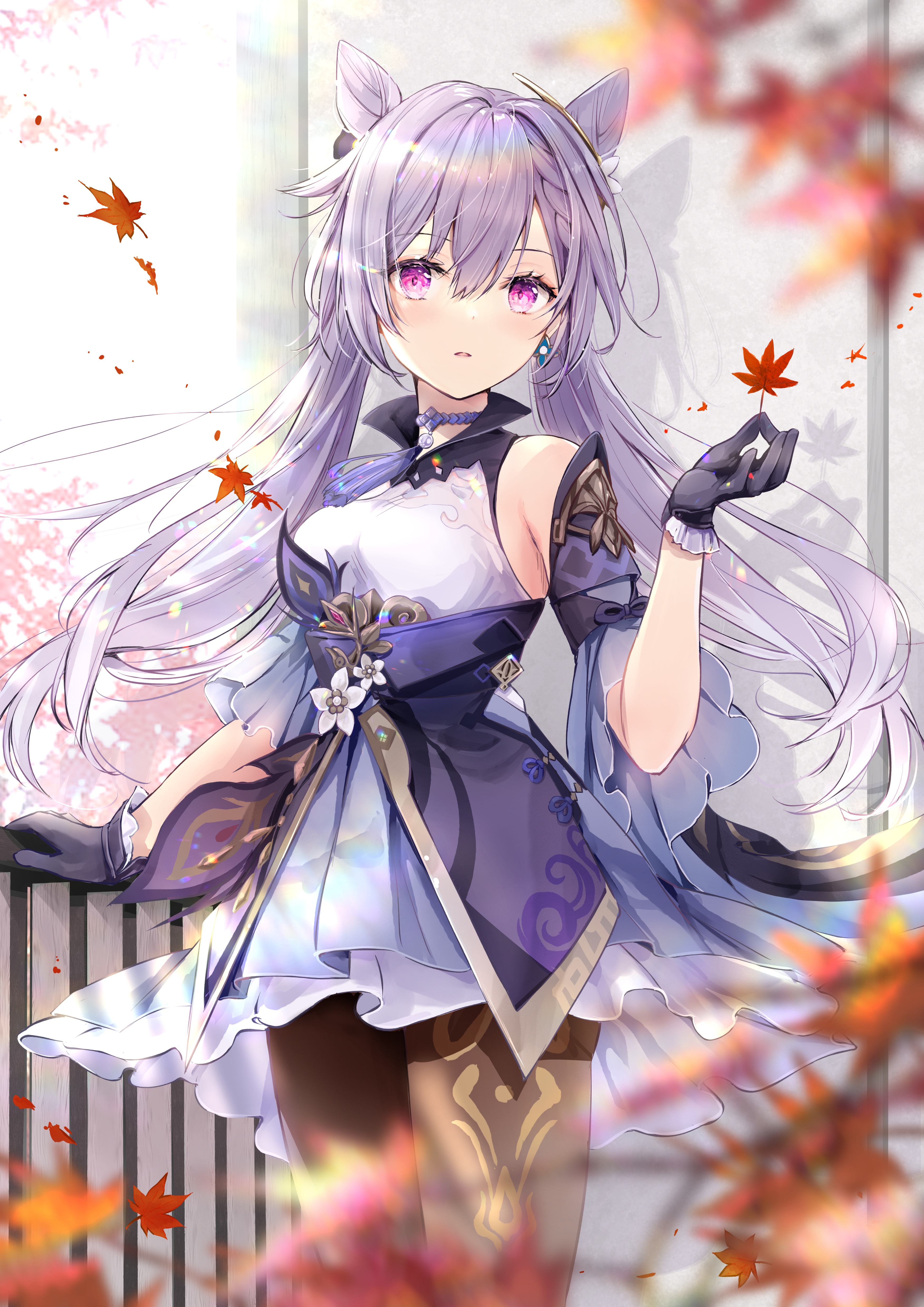 Keqing from Genshin Impact holding a maple leaf HD Phone Wallpaper