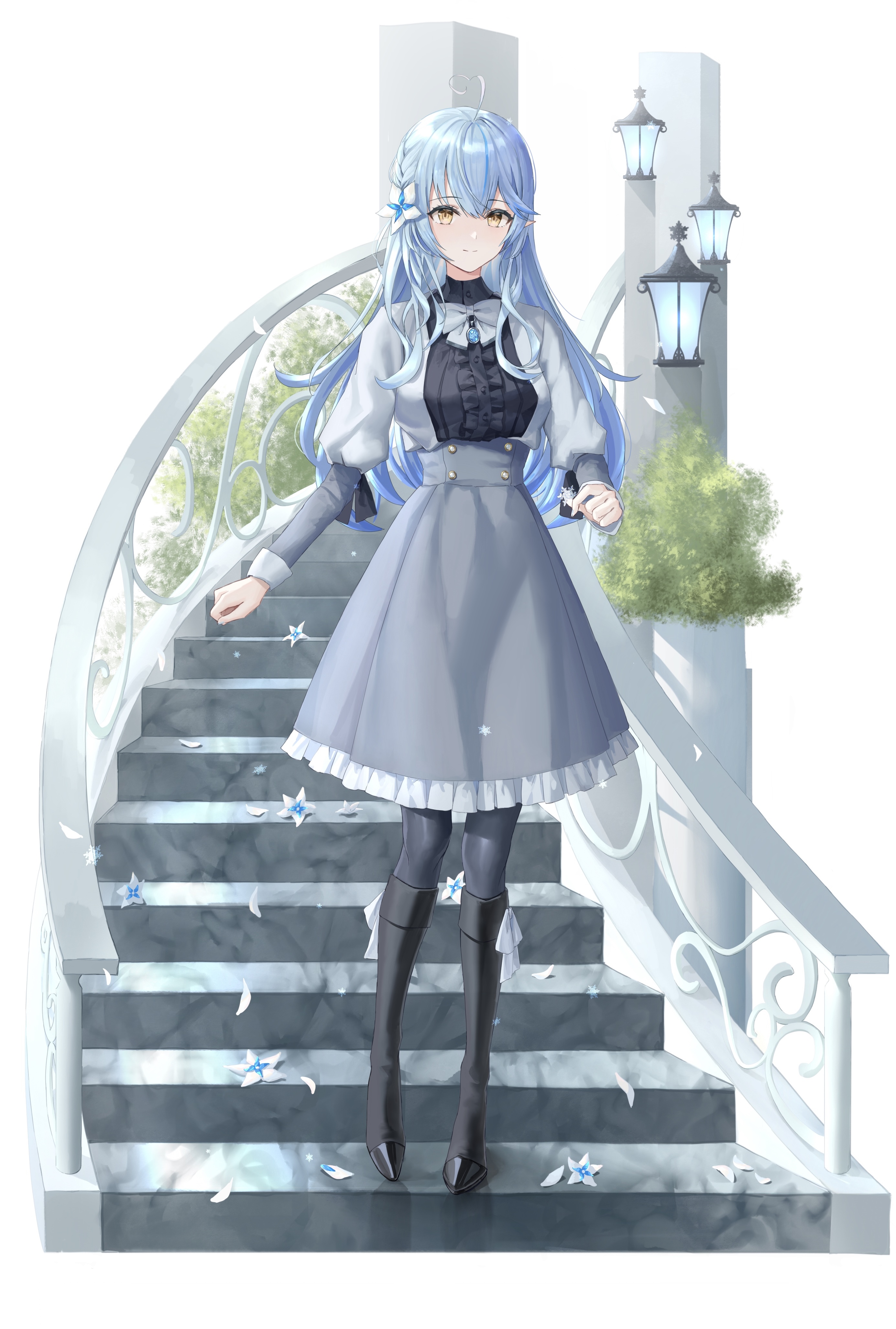 Yukihana Lamy on a Staircase with Petals HD Phone Wallpaper