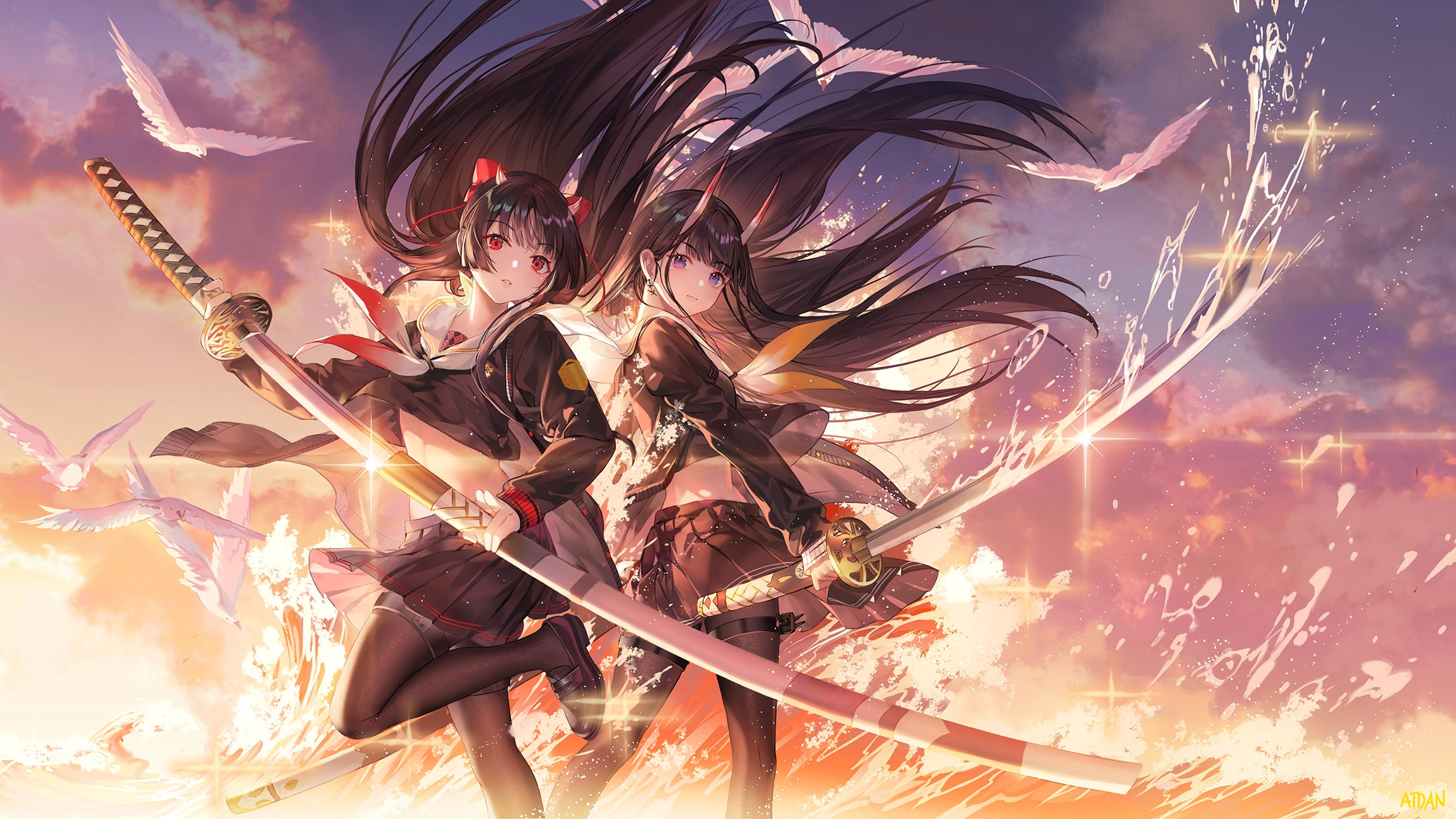 Two girls with swords and birds at sunset HD Wallpaper