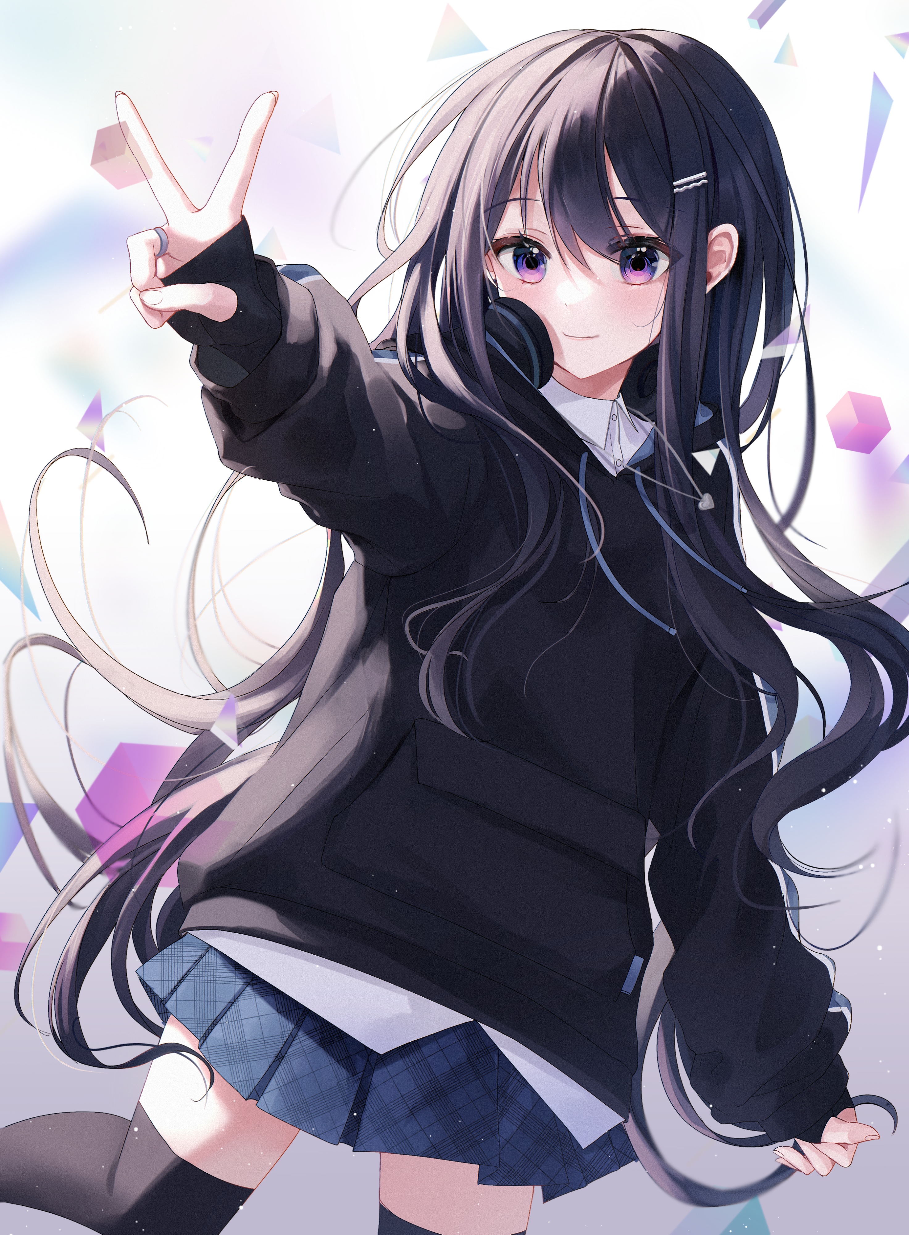 Anime girl with headphones and peace sign HD Phone Wallpaper