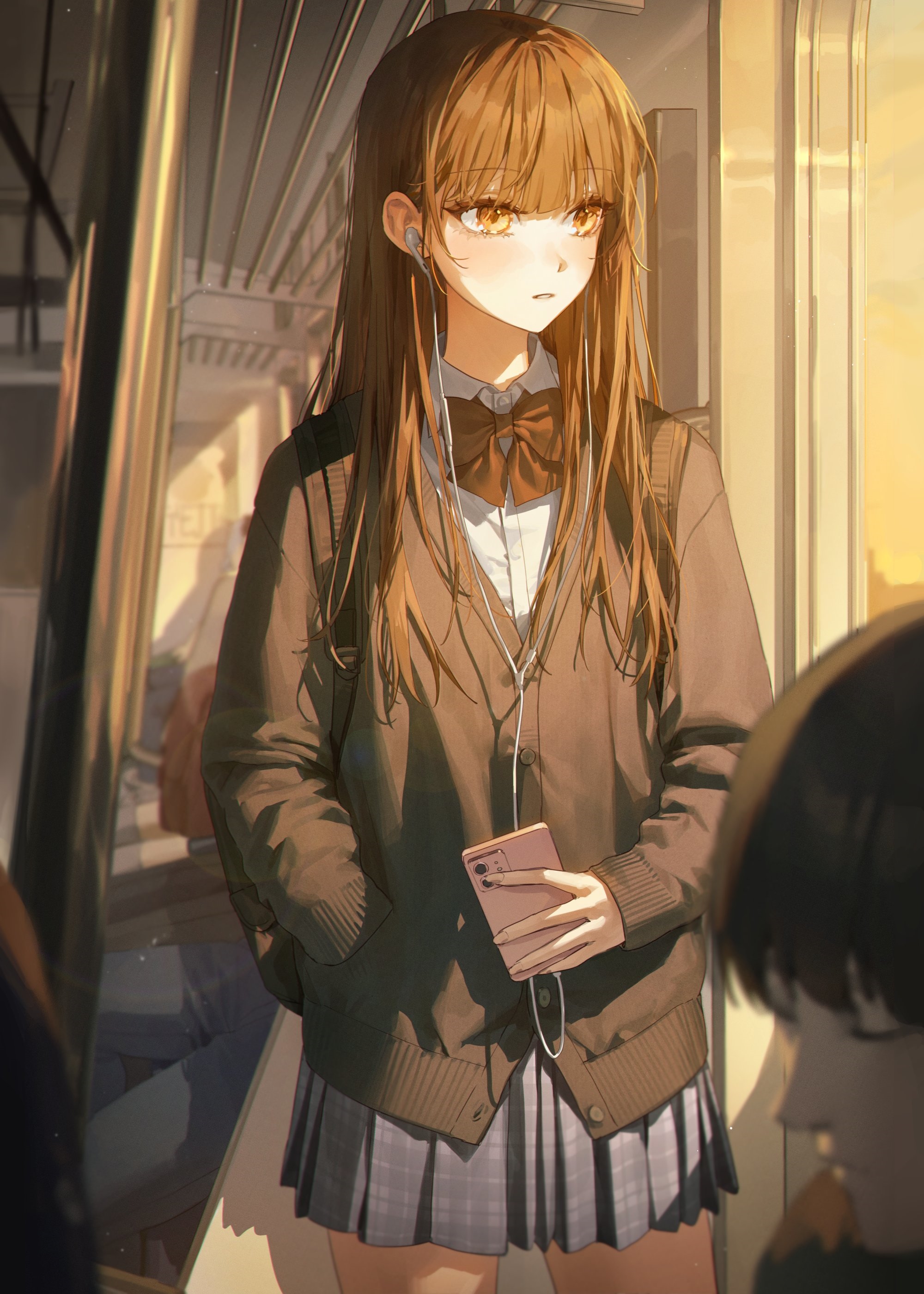 Schoolgirl with earphones and phone on a train HD Phone Wallpaper
