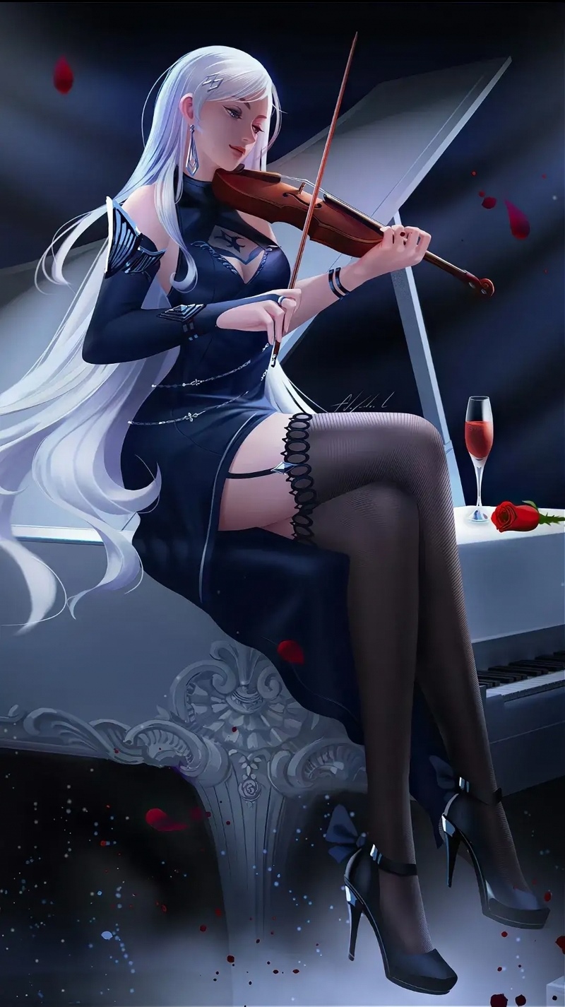 Woman playing violin next to a piano HD Phone Wallpaper