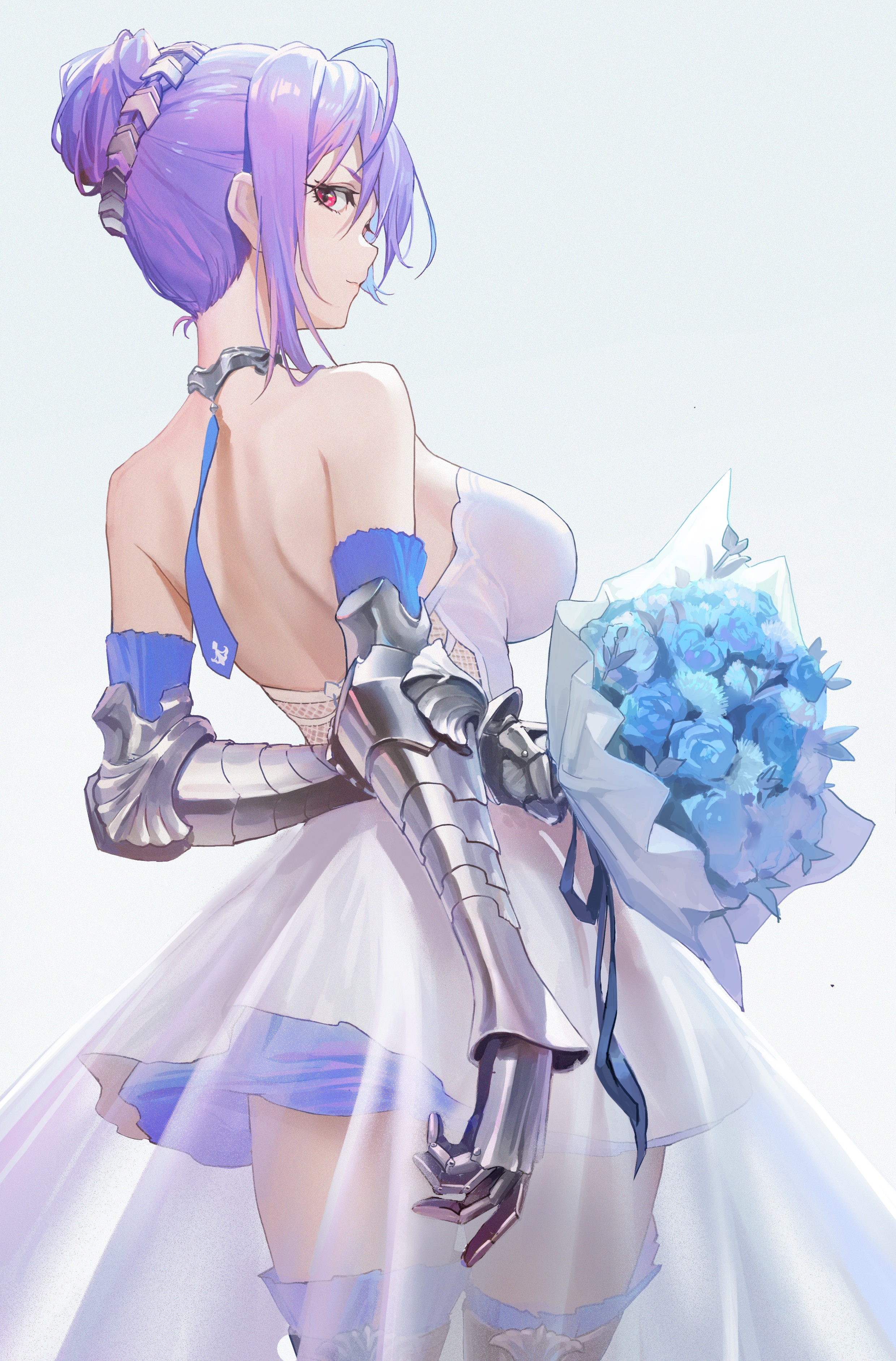 Azur Lane character in wedding dress holding blue flowers HD Phone Wallpaper