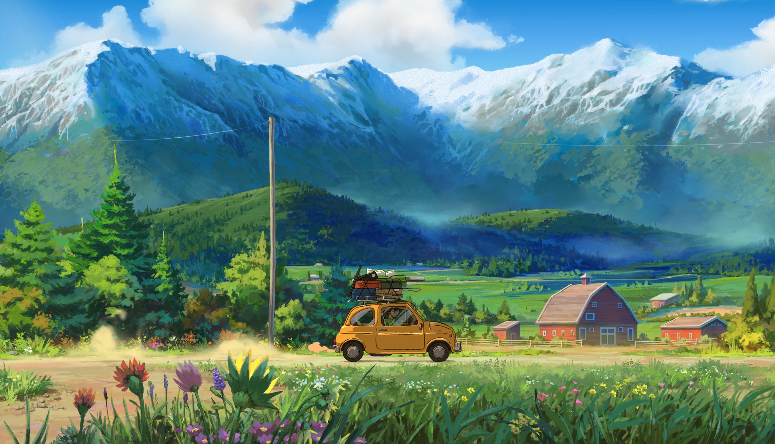 Yellow car driving through a scenic mountain landscape HD Wallpaper