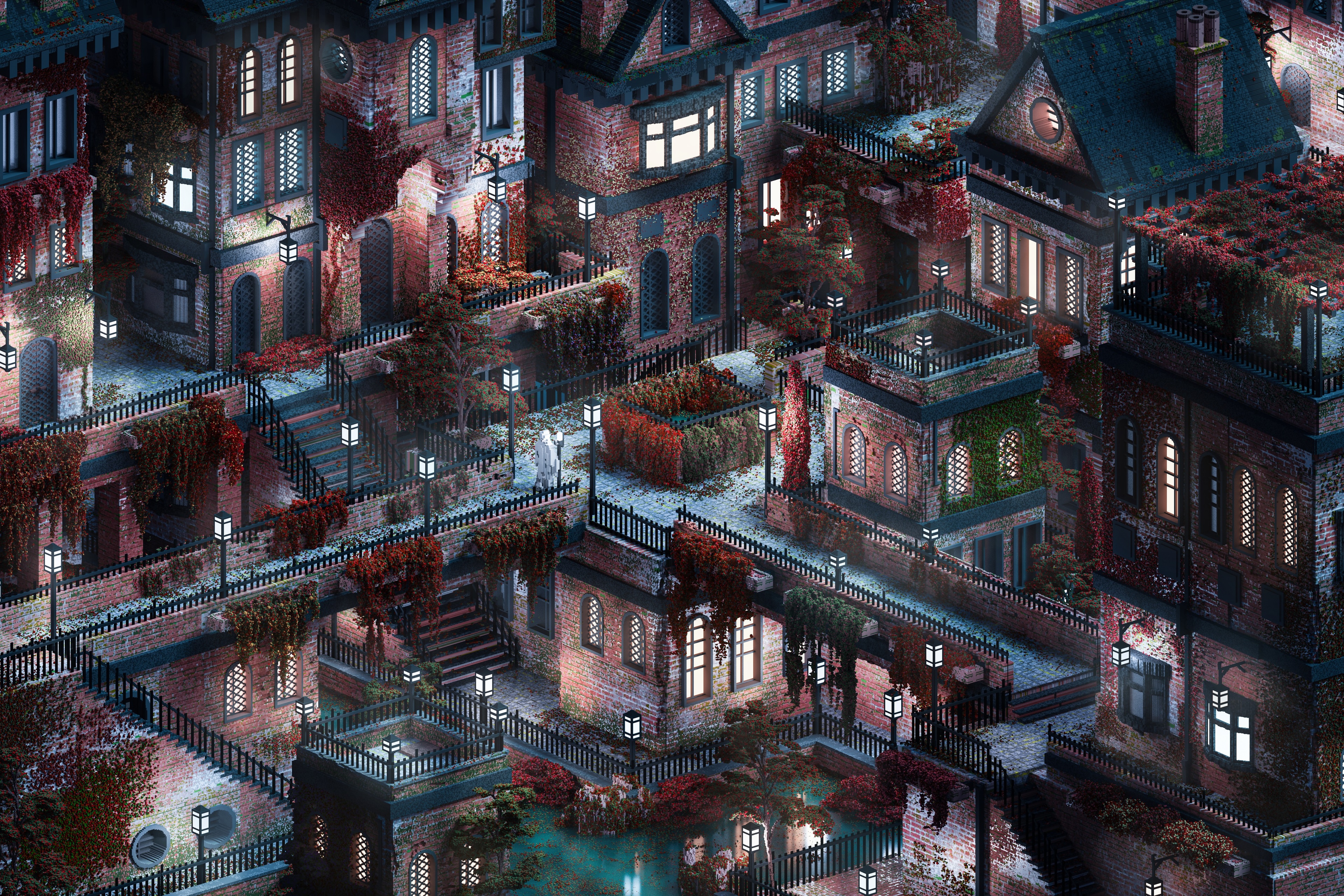 4K isometric maze of brick buildings and overgrown plants HD Wallpaper