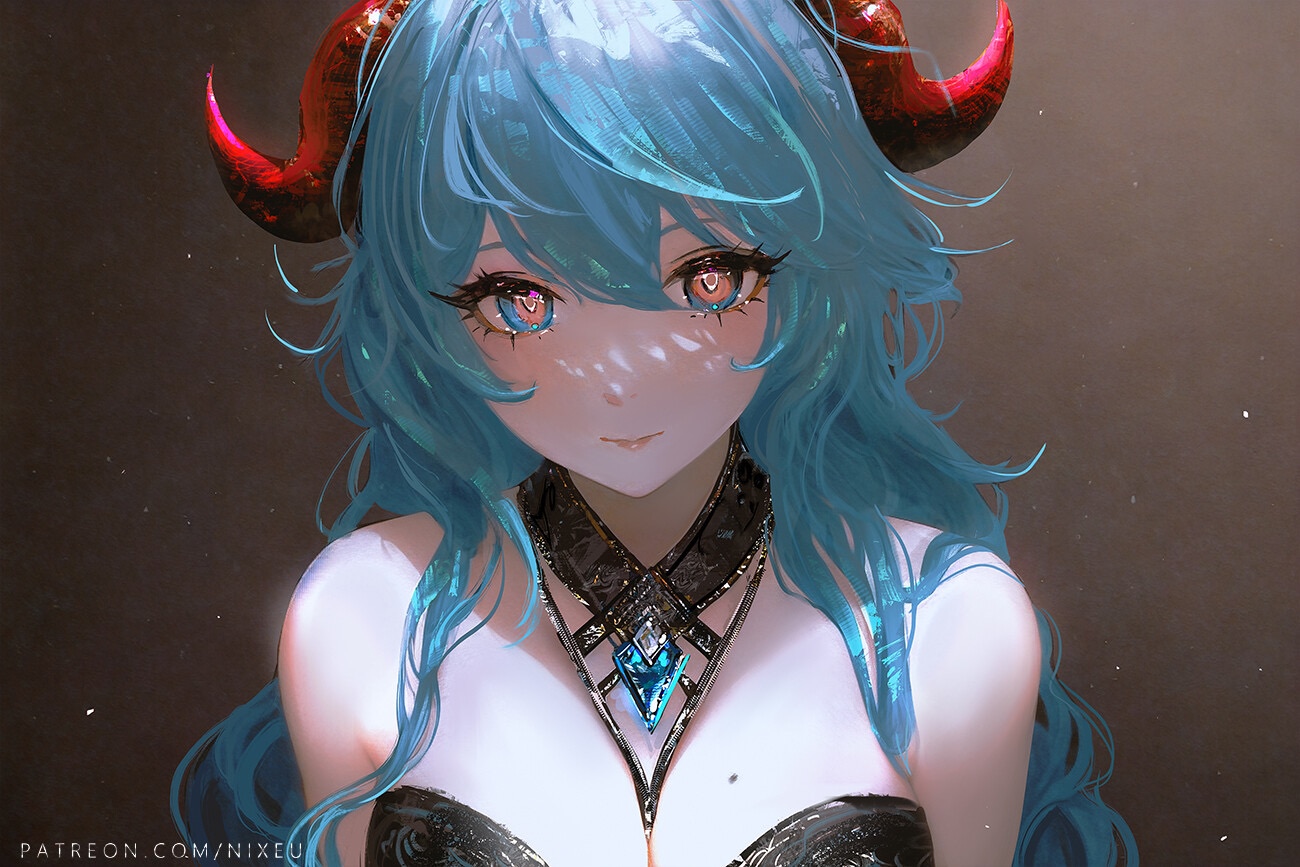 Ganyu from Genshin Impact with blue hair and horns HD Wallpaper
