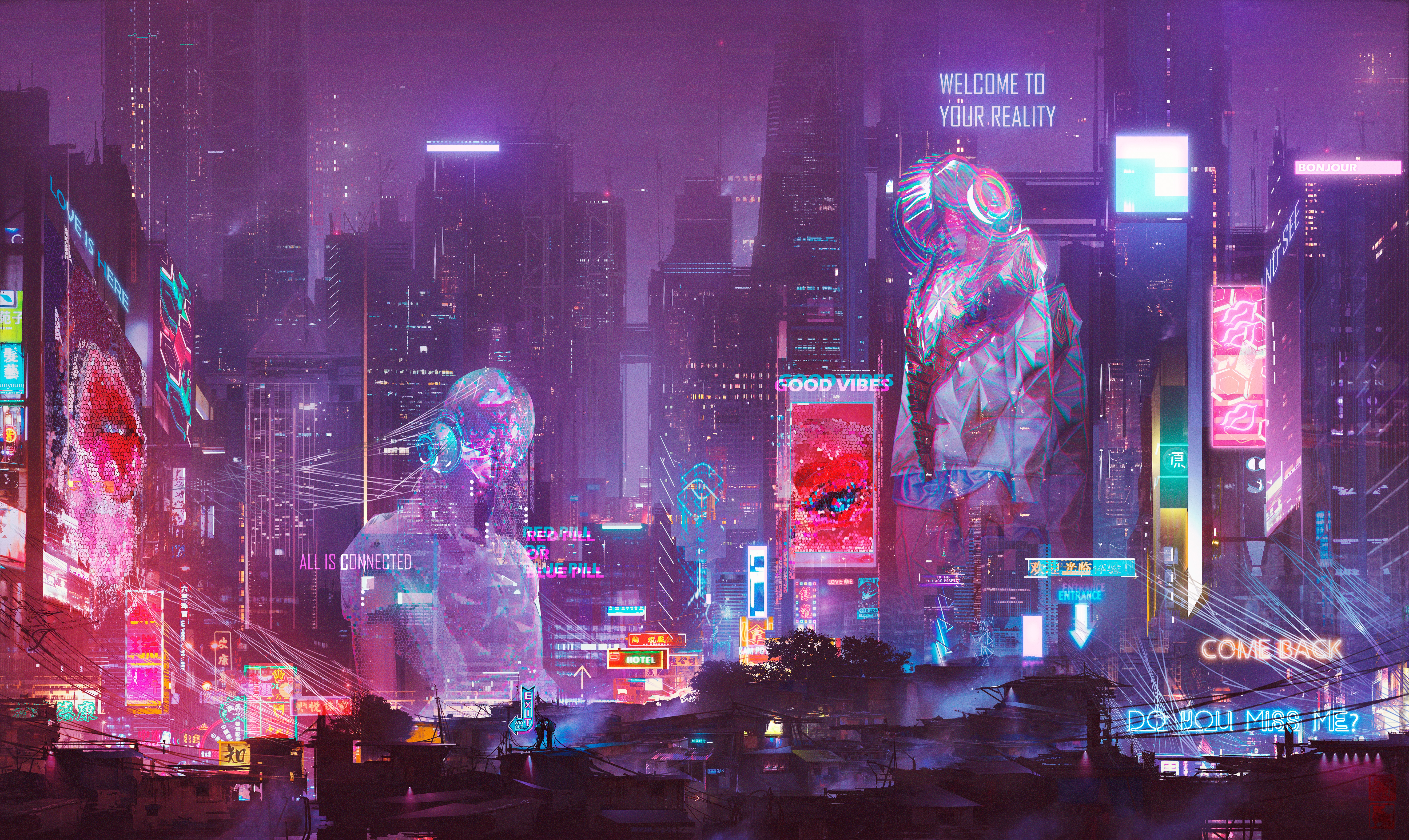Cyberpunk city with futuristic robots and neon signs HD Wallpaper