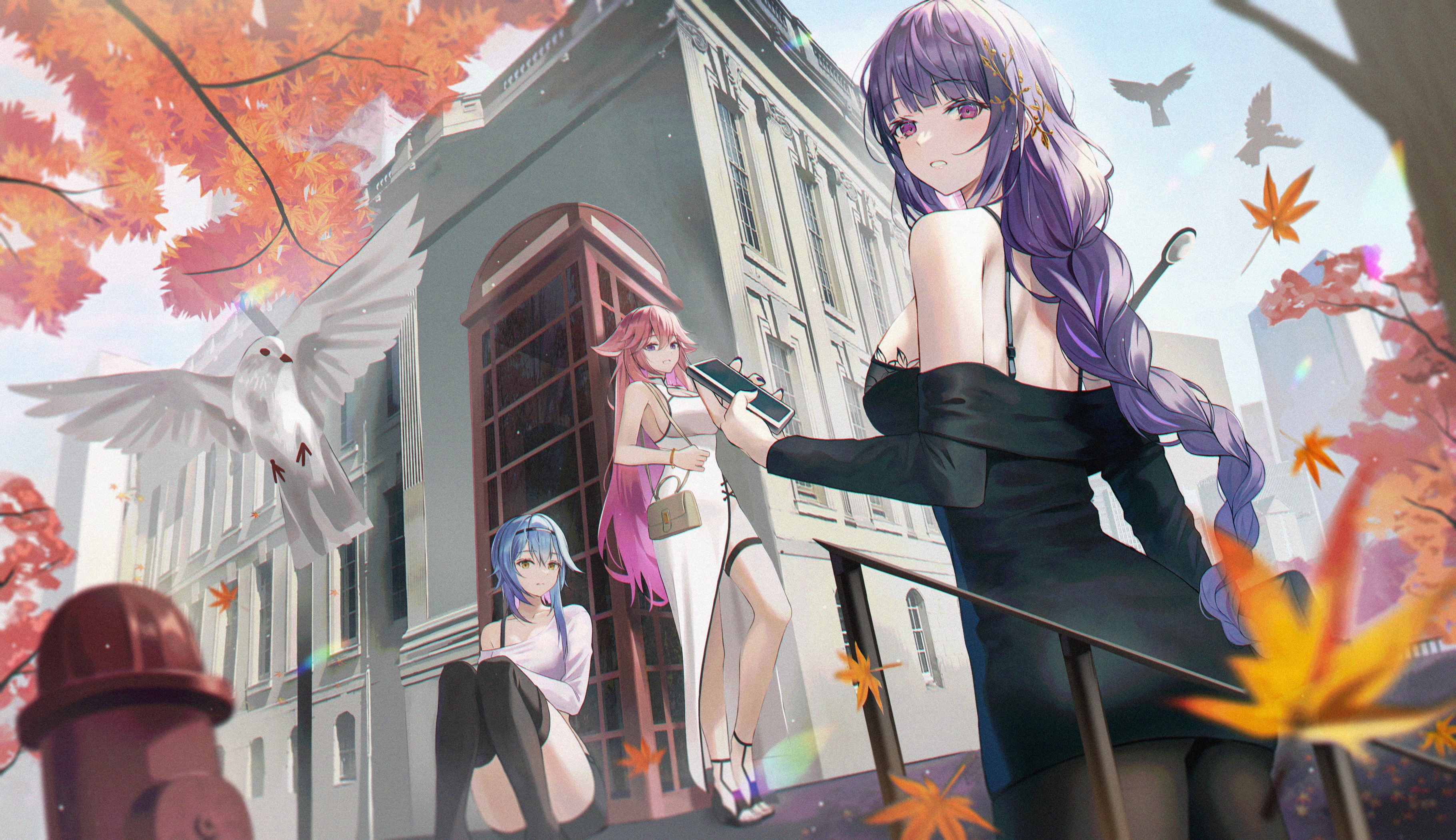 Raiden Shogun, Yae Miko, and Eula with Birds and Leaves HD Wallpaper