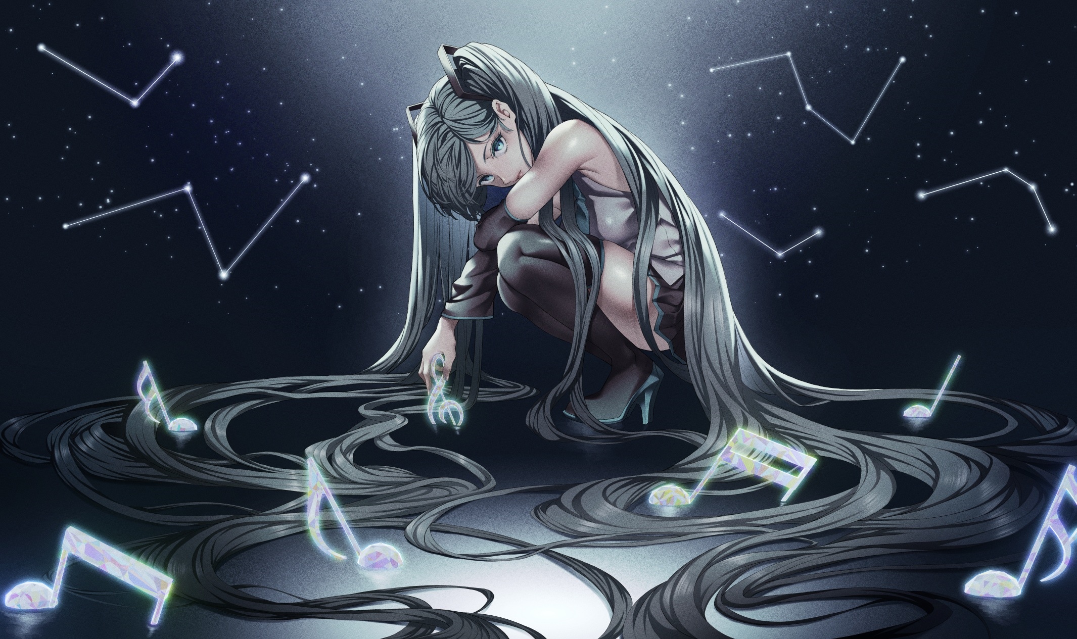 Hatsune Miku with musical notes under a starry sky HD Wallpaper