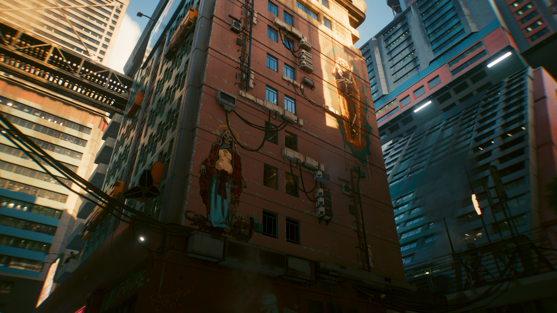 Cyberpunk 2077 mural on a building in a futuristic city HD Wallpaper