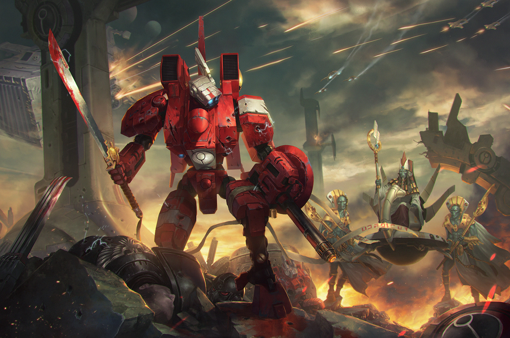 Warhammer 40,000: Tau Empire Battlesuit in Battle HD Wallpaper
