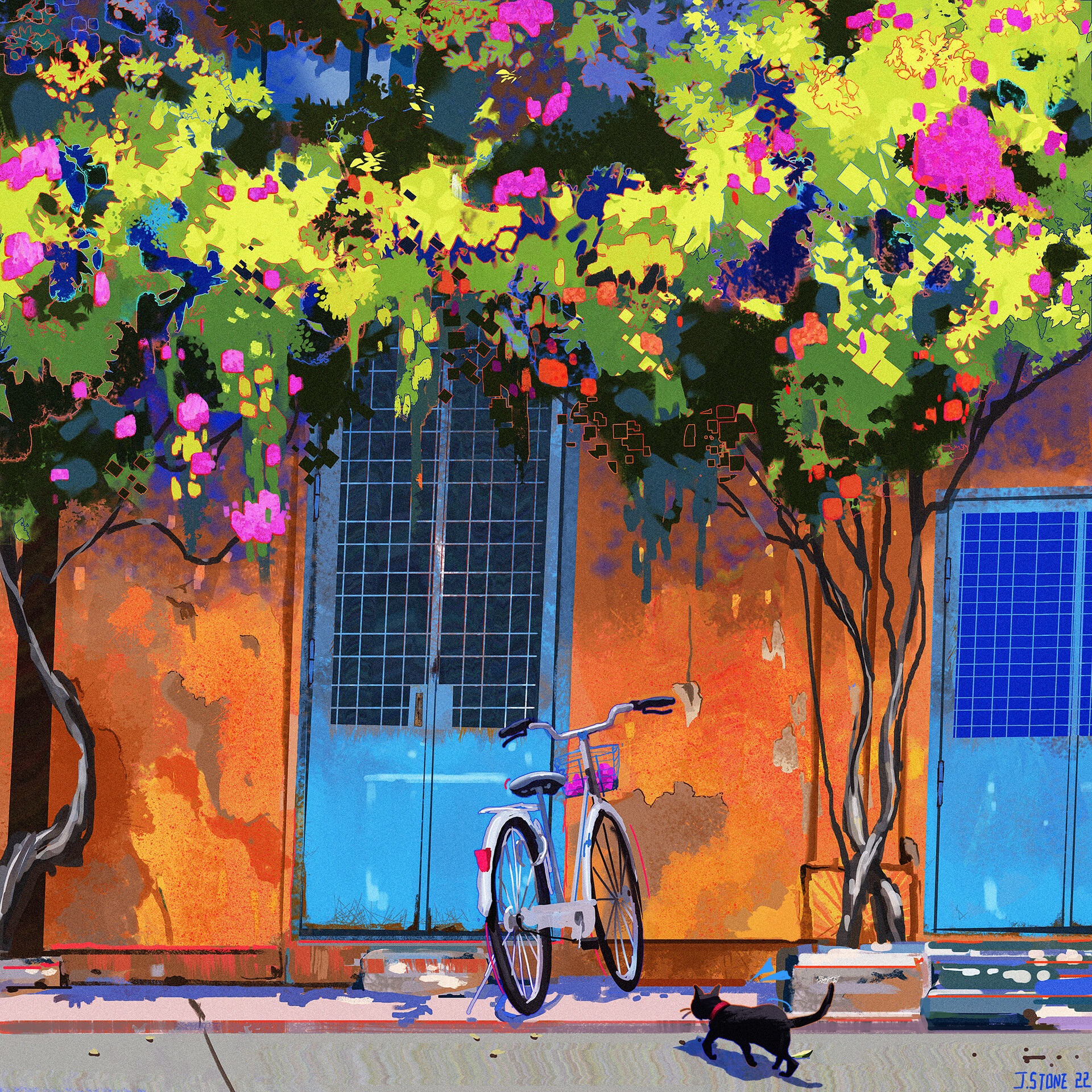 Black cat walks past a bicycle in front of a colorful building HD Wallpaper