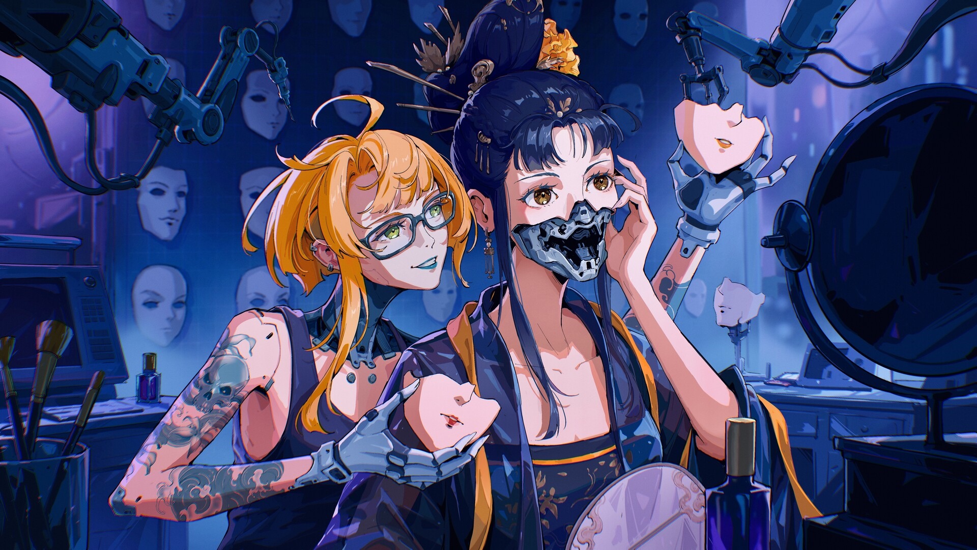 Anime girls with masks and tattoos in a futuristic setting HD Wallpaper