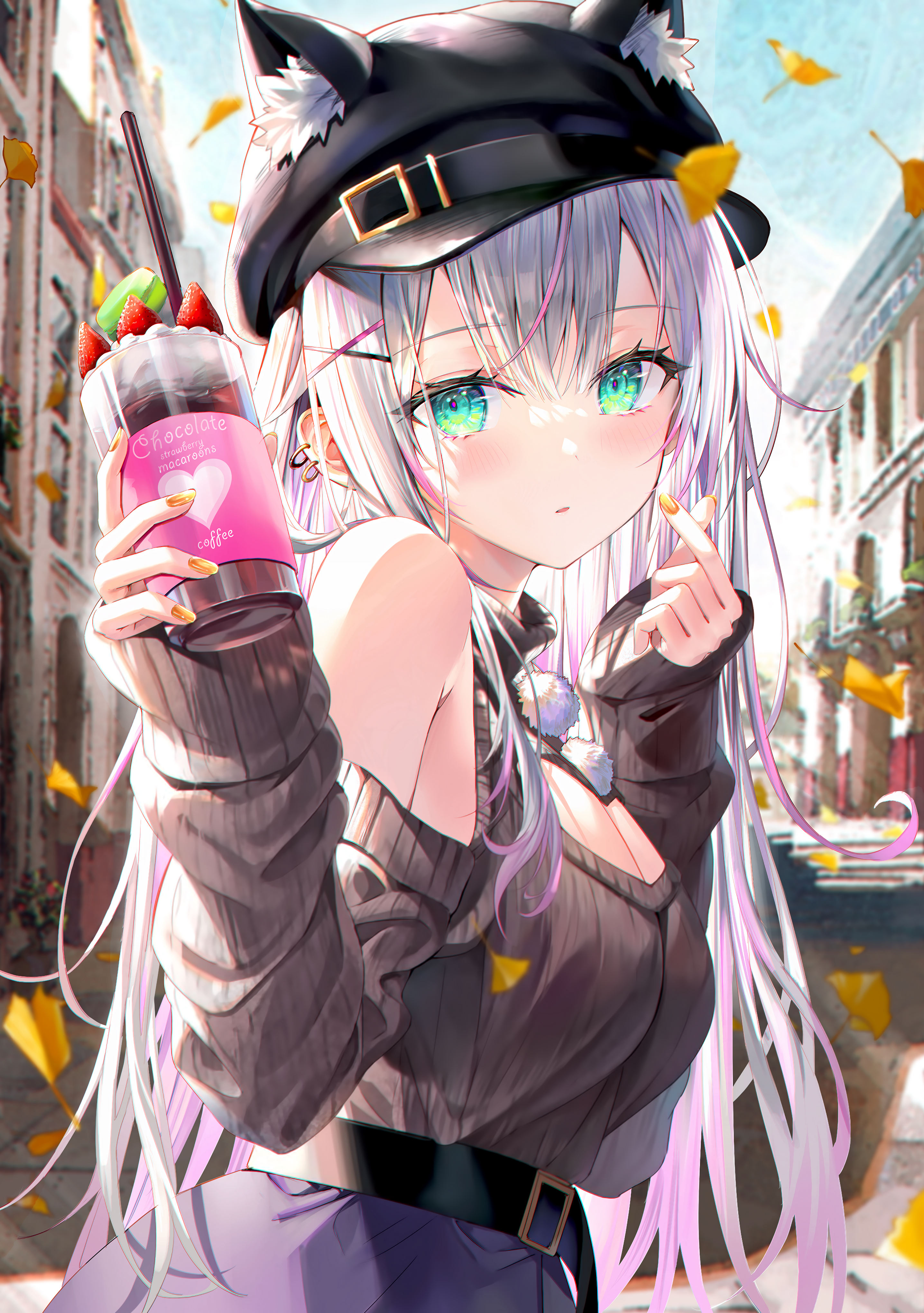 Anime cat girl with drink and hat HD Phone Wallpaper