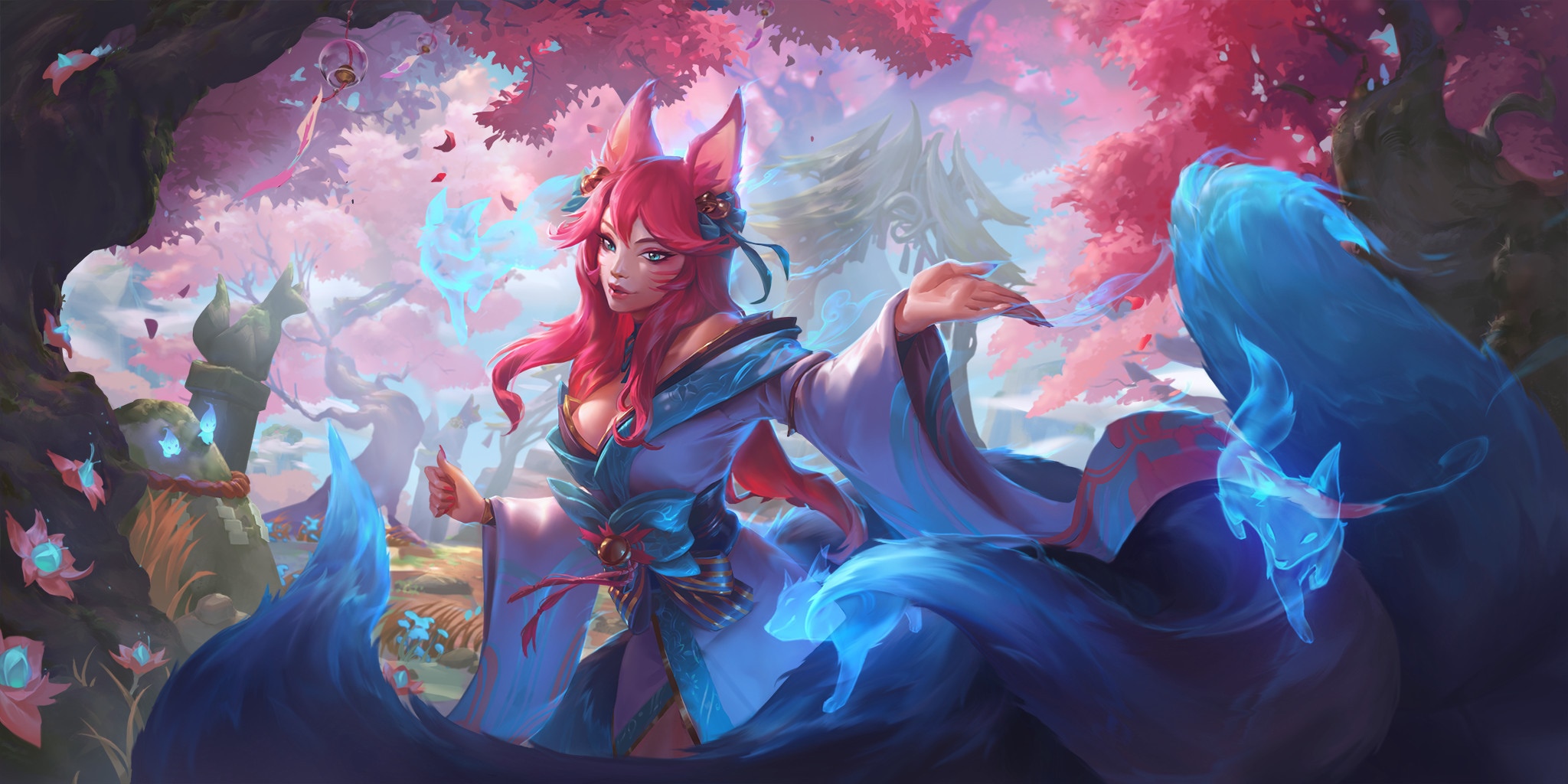 Ahri from League of Legends with fox spirits HD Wallpaper