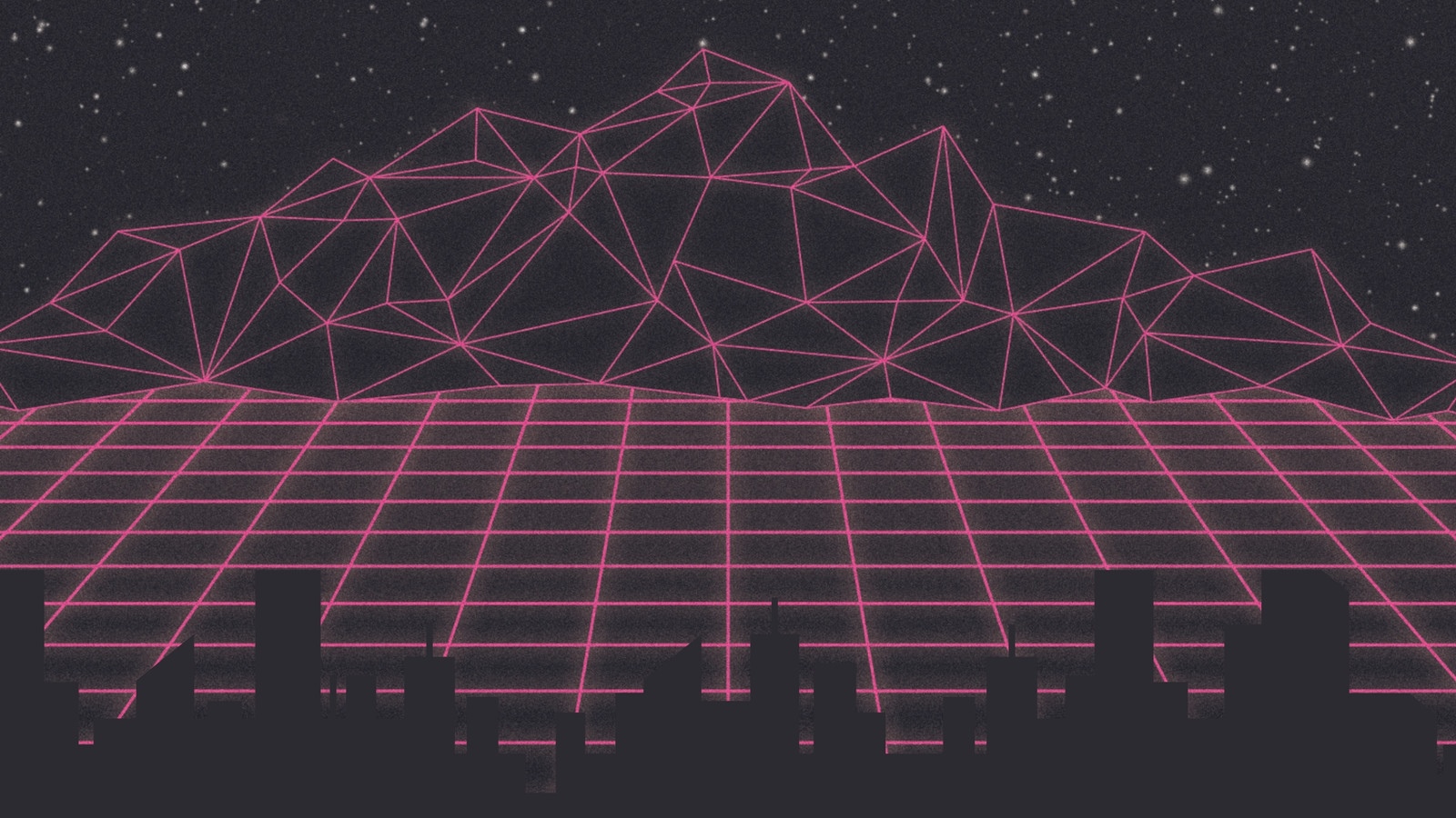 Vaporwave city skyline with neon grid and mountains HD Wallpaper