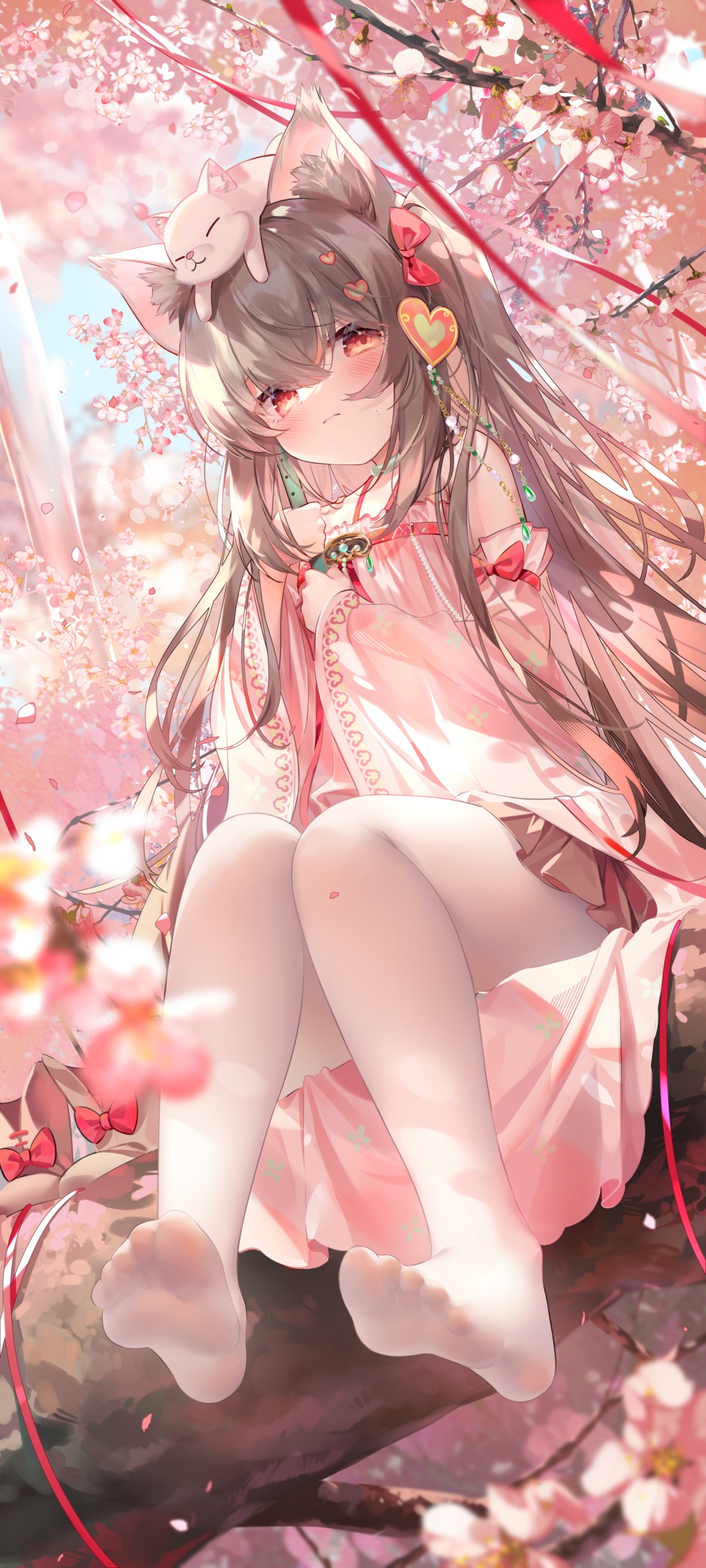 Anime girl with fox ears and pink dress under cherry blossoms HD Phone Wallpaper