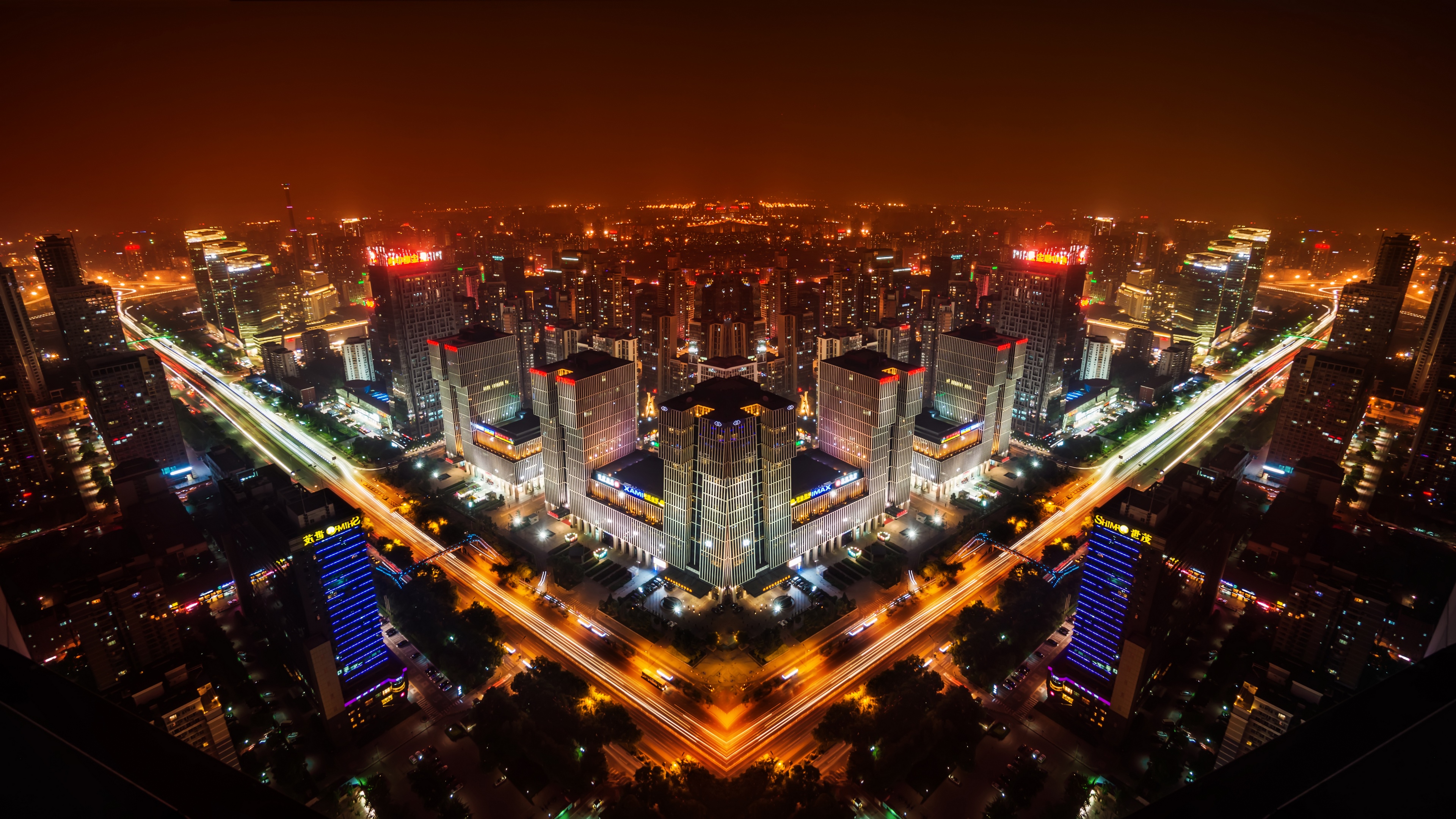 4K Mirrored Cityscape at Night in Beijing, China HD Wallpaper