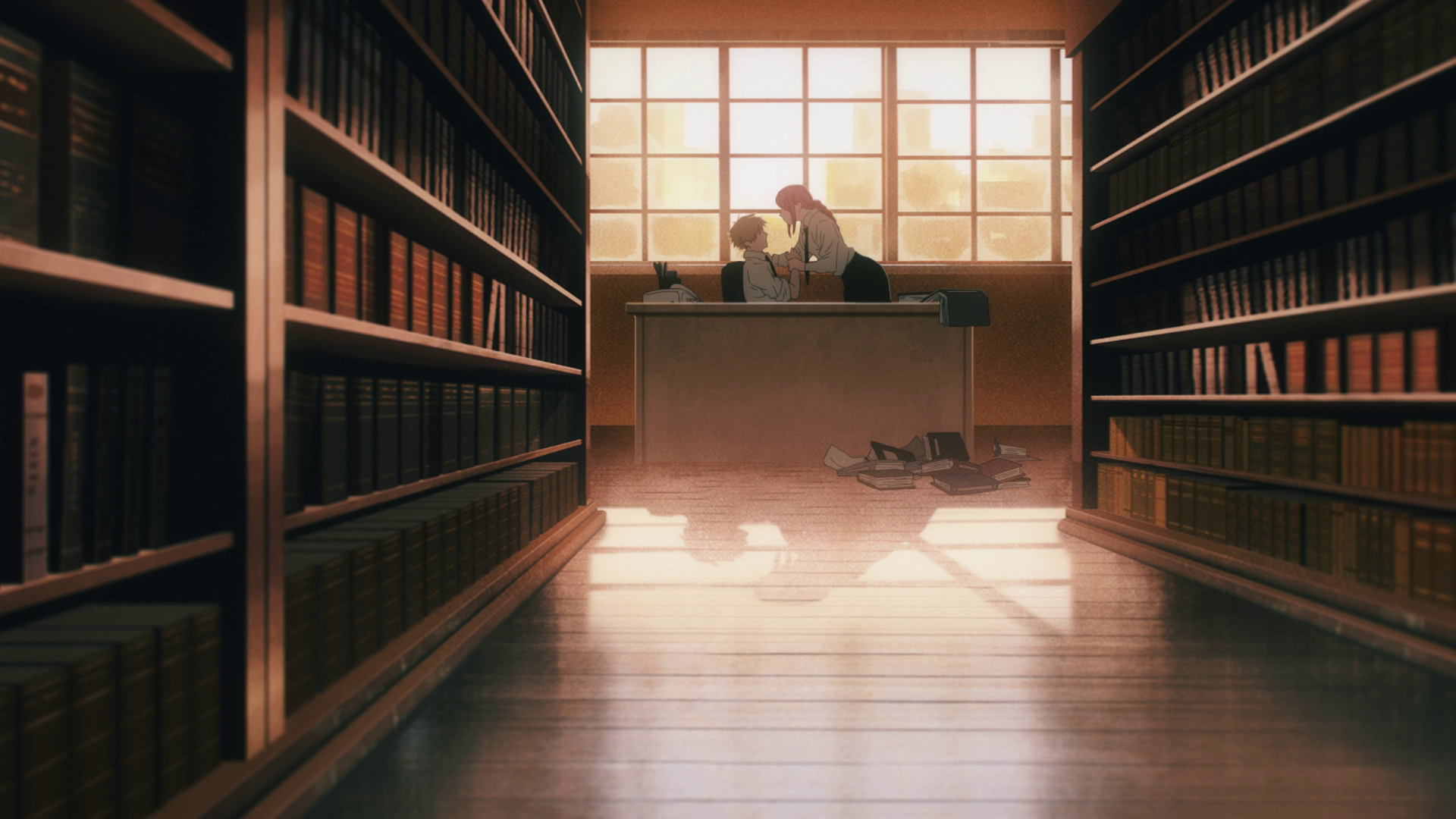 Makima and Denji in a library in Chainsaw Man HD Wallpaper