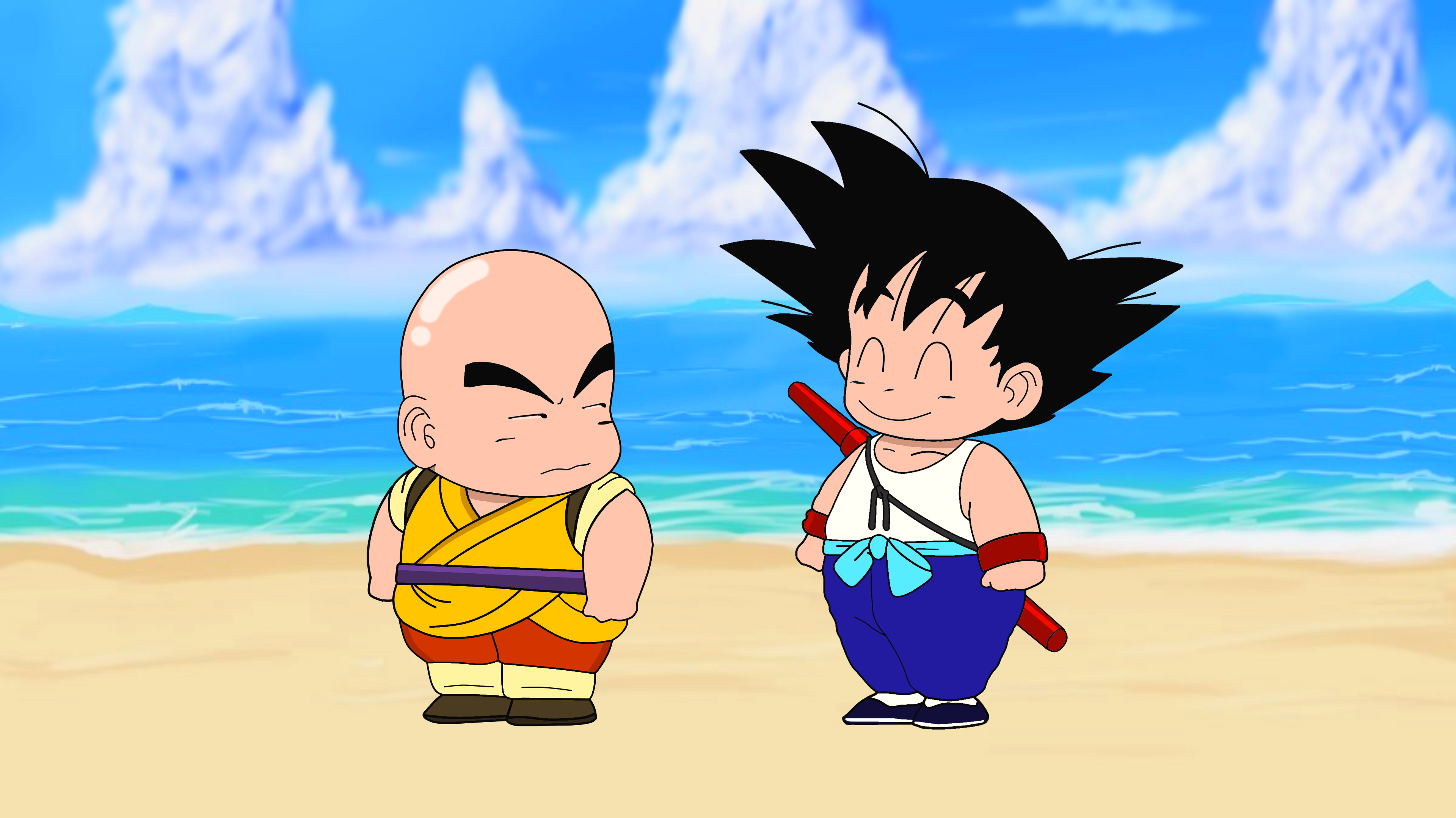 4K Dragon Ball: Son Goku and Krillin on a Beach HD Wallpaper