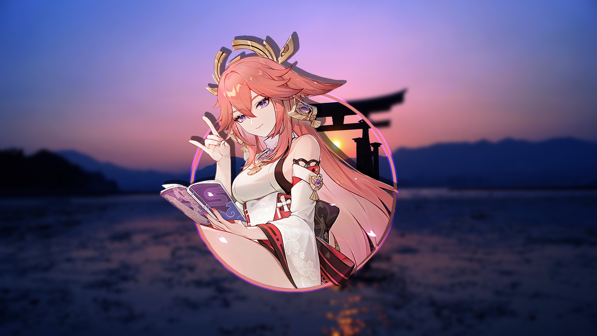 Yae Miko with Torii Gate at Sunset HD Wallpaper