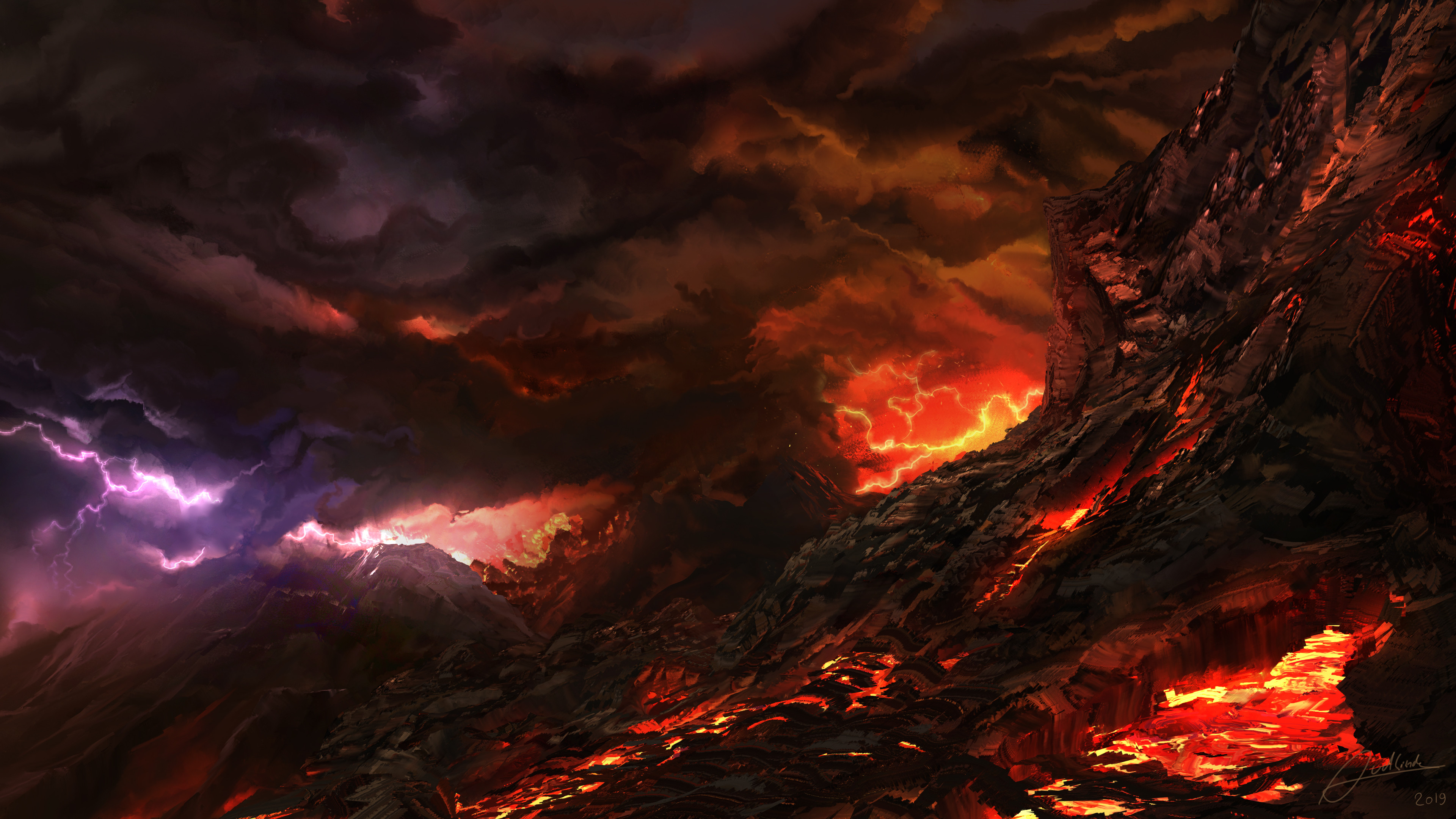 Volcanic eruption with lightning and dark clouds HD Wallpaper