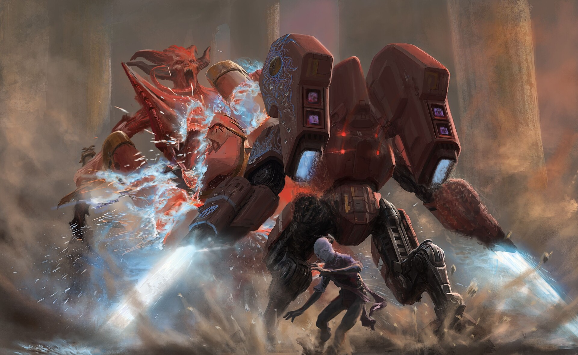 Warhammer 40,000 Tau Empire Battlesuit fighting demons HD Wallpaper