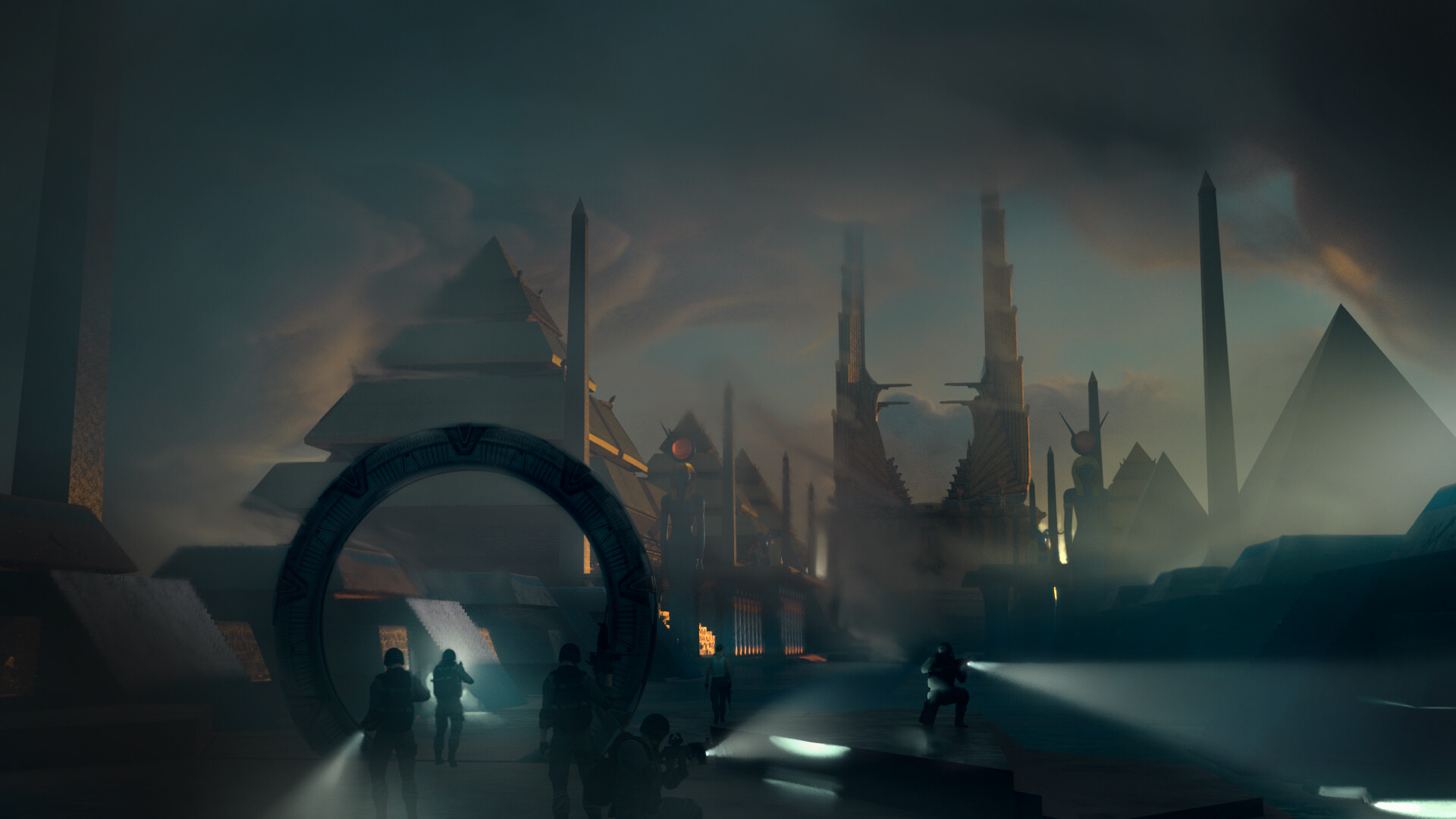 Soldiers explore ancient alien ruins with a Stargate HD Wallpaper