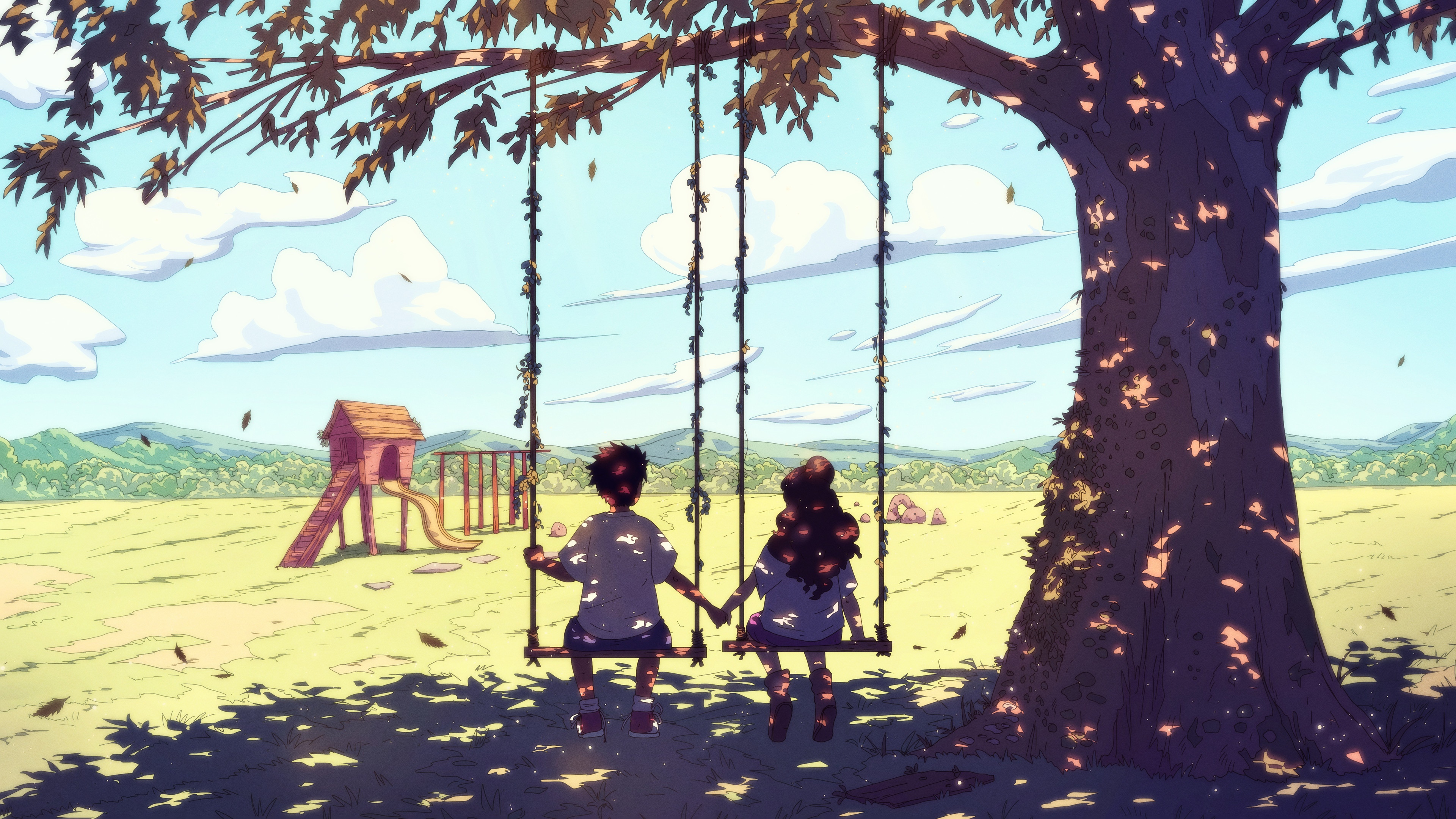 Children holding hands on swings under a tree HD Wallpaper