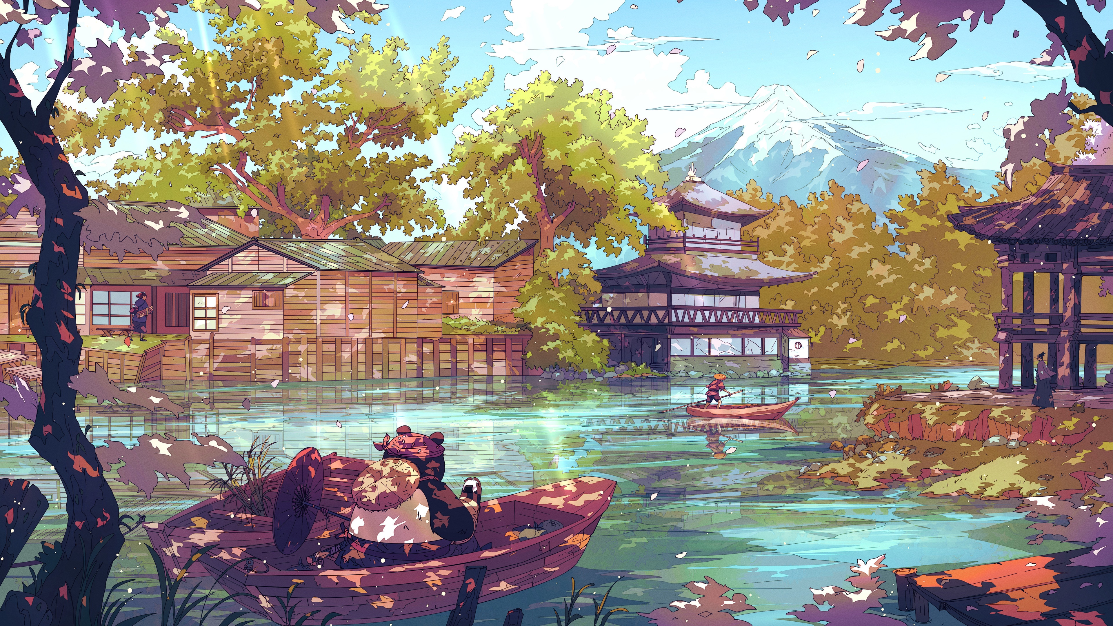 4K Asian town with Mount Fuji and a river HD Wallpaper