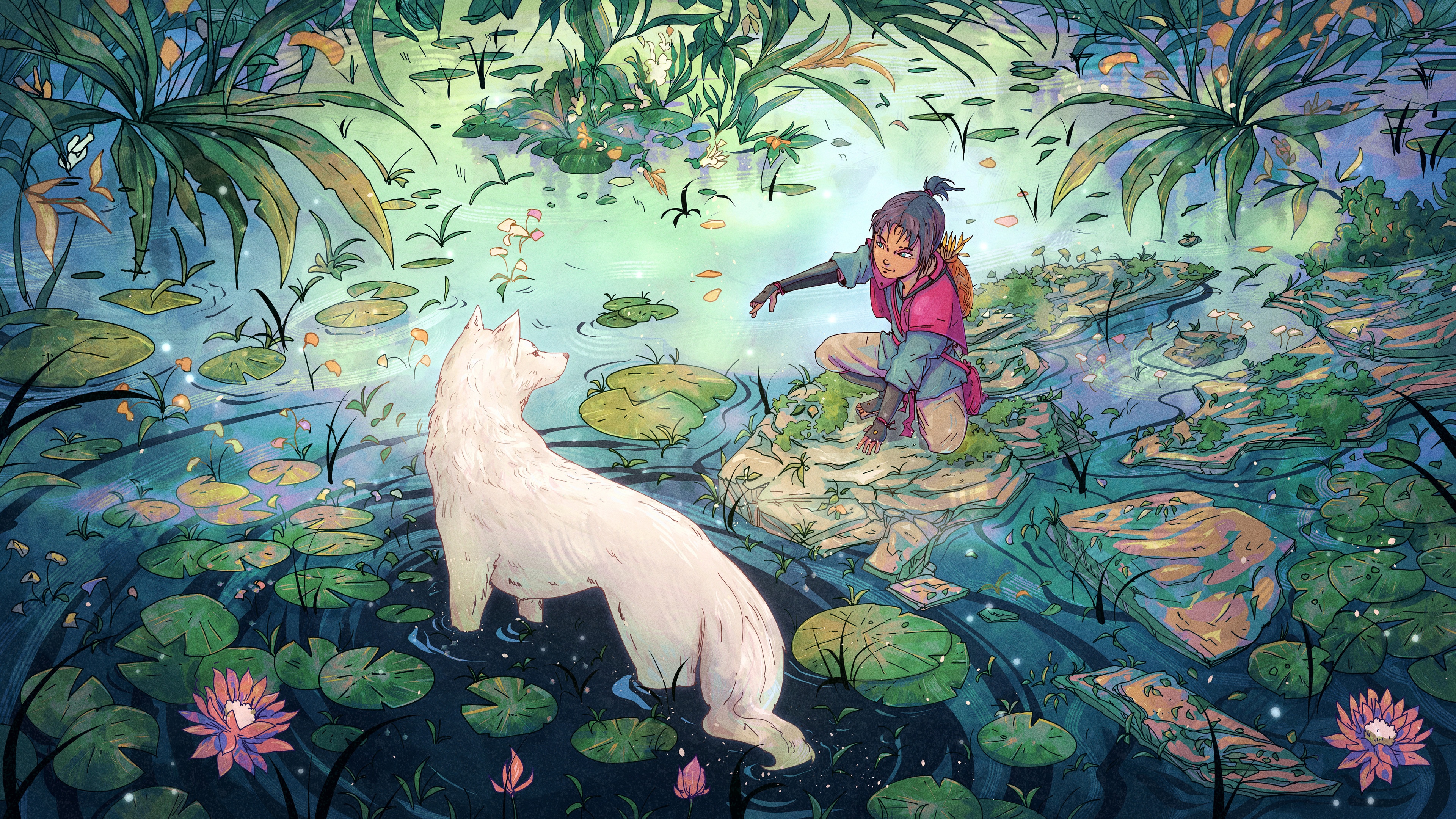 4K fantasy art of a wolf and a person by a river HD Wallpaper