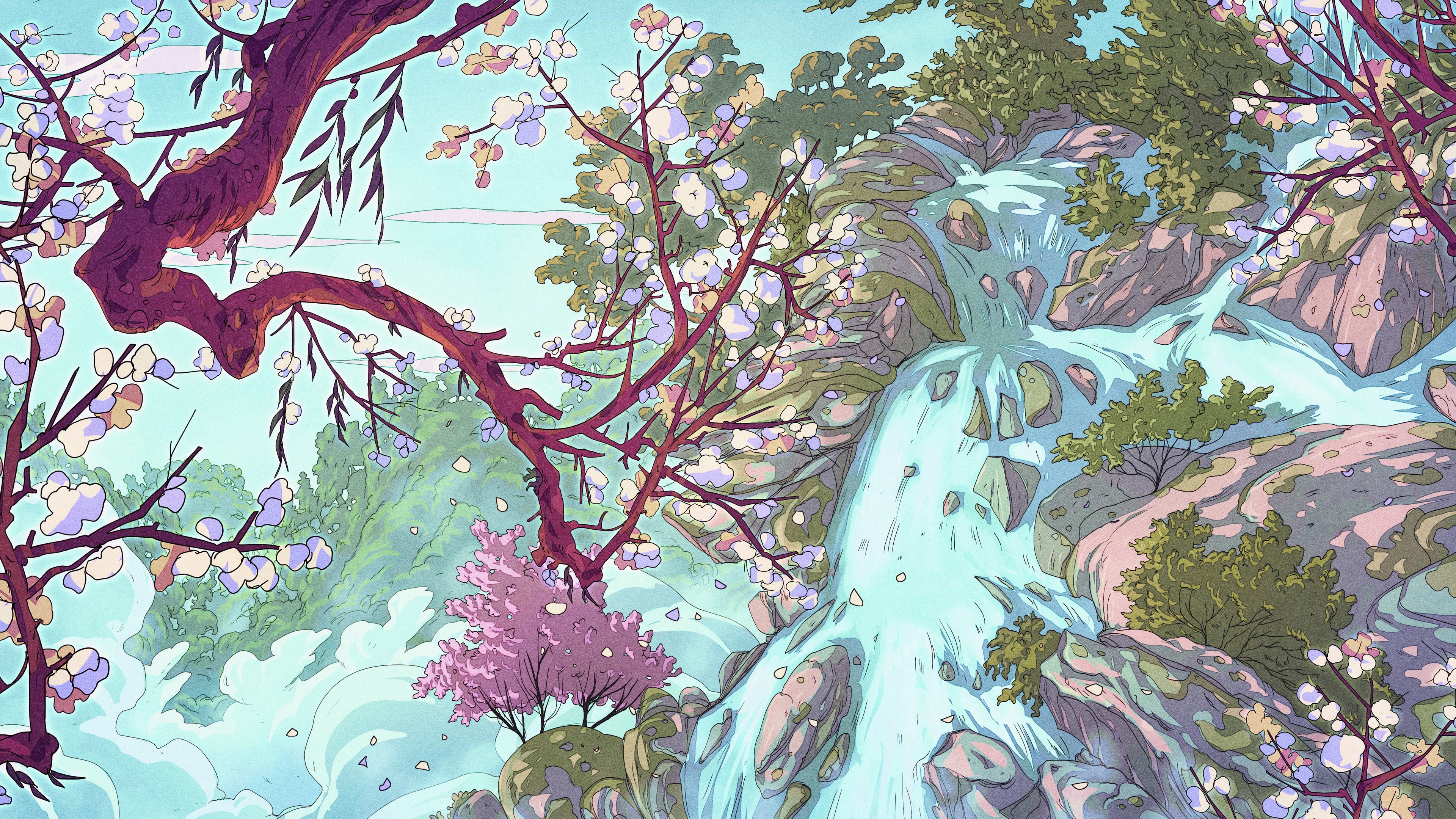 4K fantasy art waterfall with petals HD Wallpaper