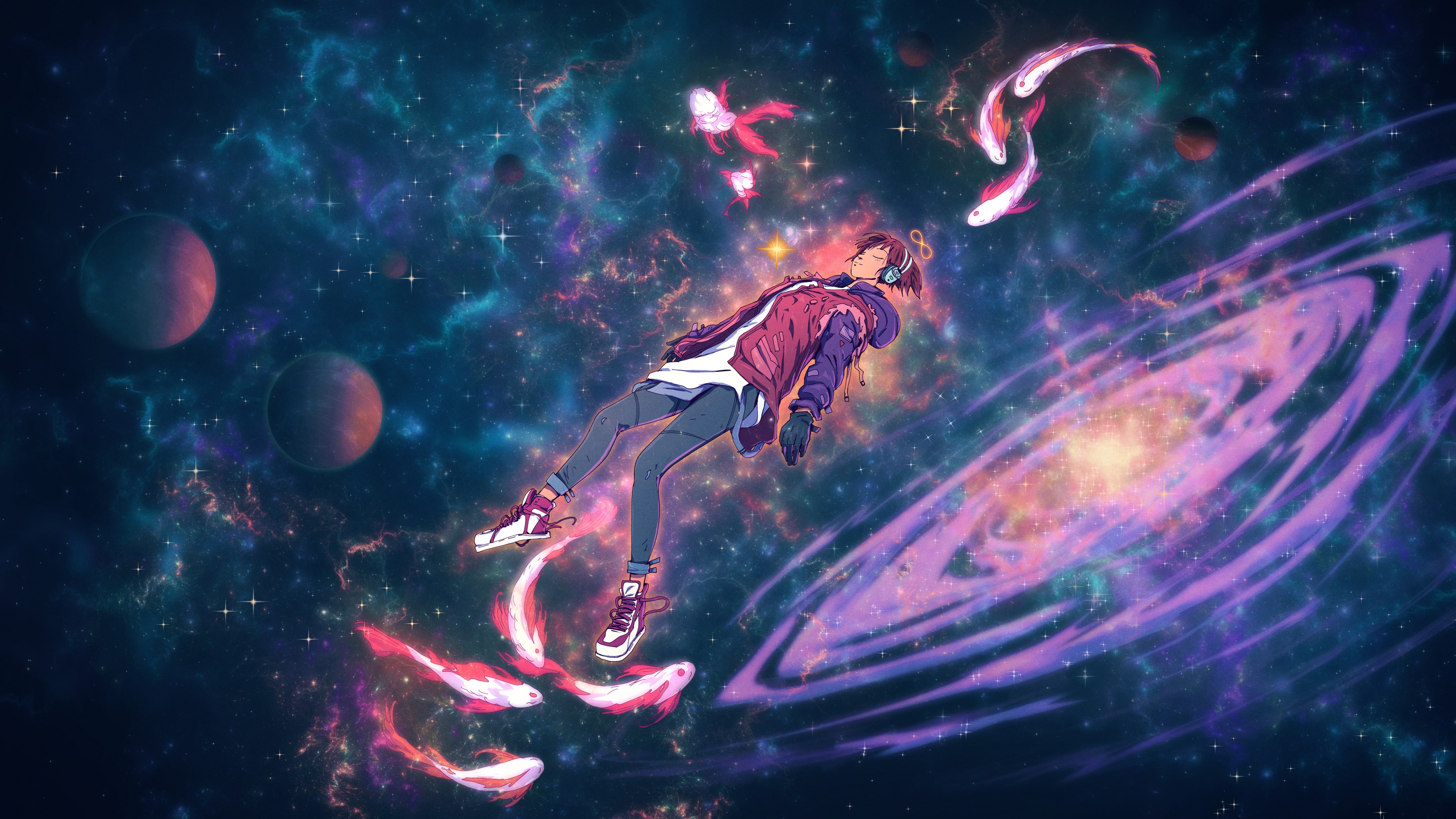 4K Surreal Space Scene with Floating Figure and Koi Fish HD Wallpaper