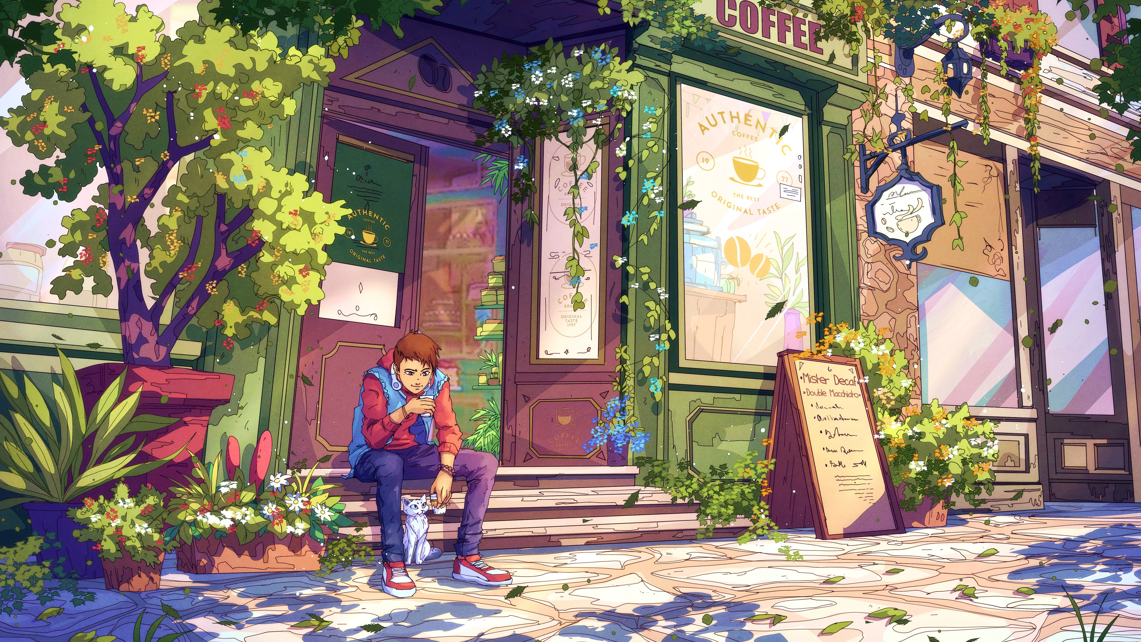 Christian Benavides coffee house with plants and cat HD Wallpaper