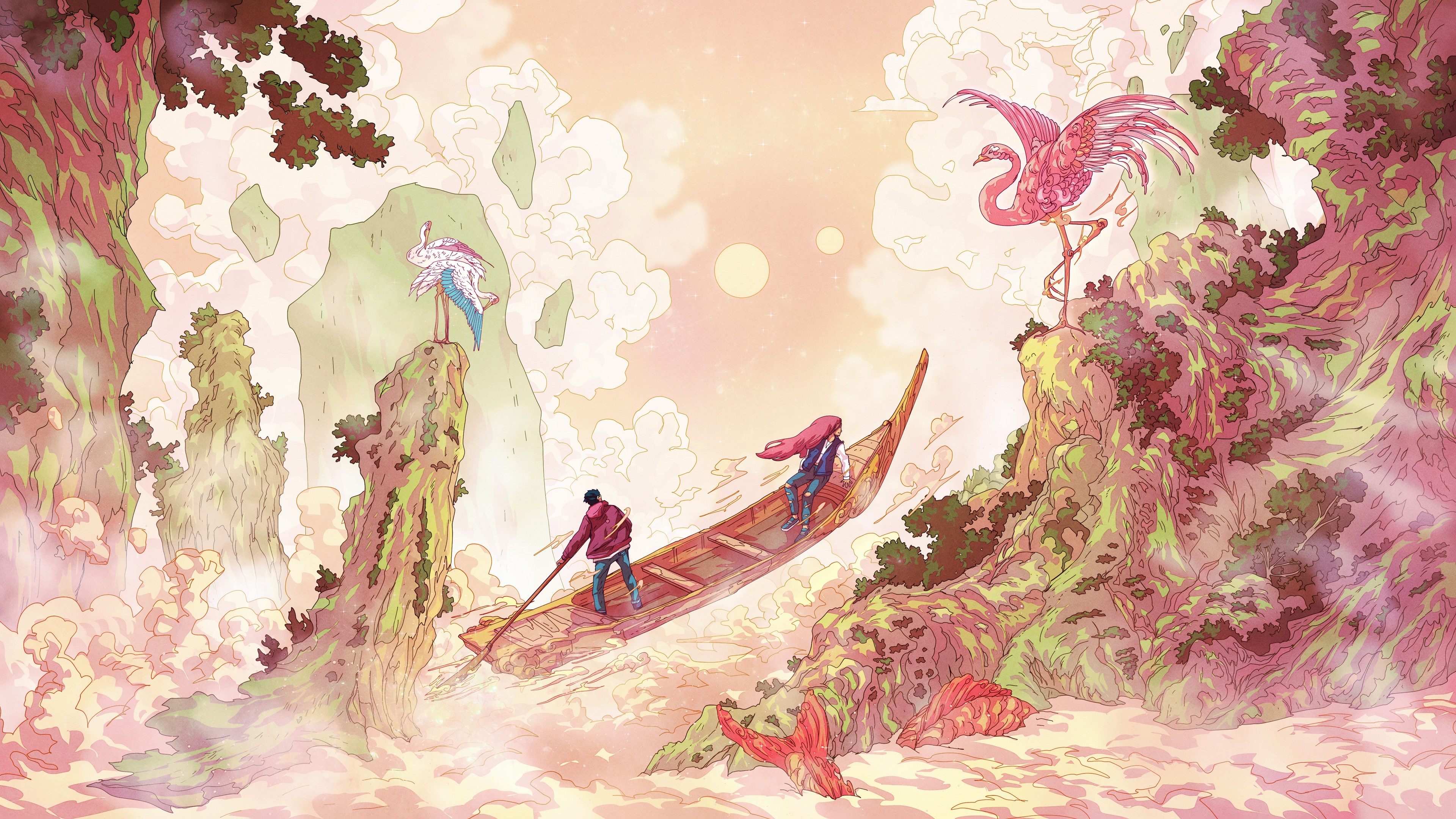Fantasy art by Christian Benavides with birds and boat HD Wallpaper