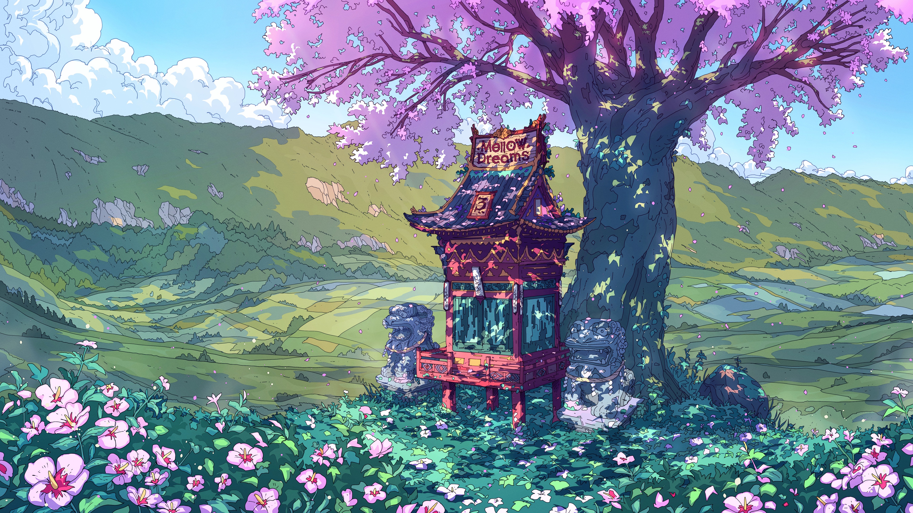 4K Fantasy Landscape with Shrine and Cherry Blossoms HD Wallpaper