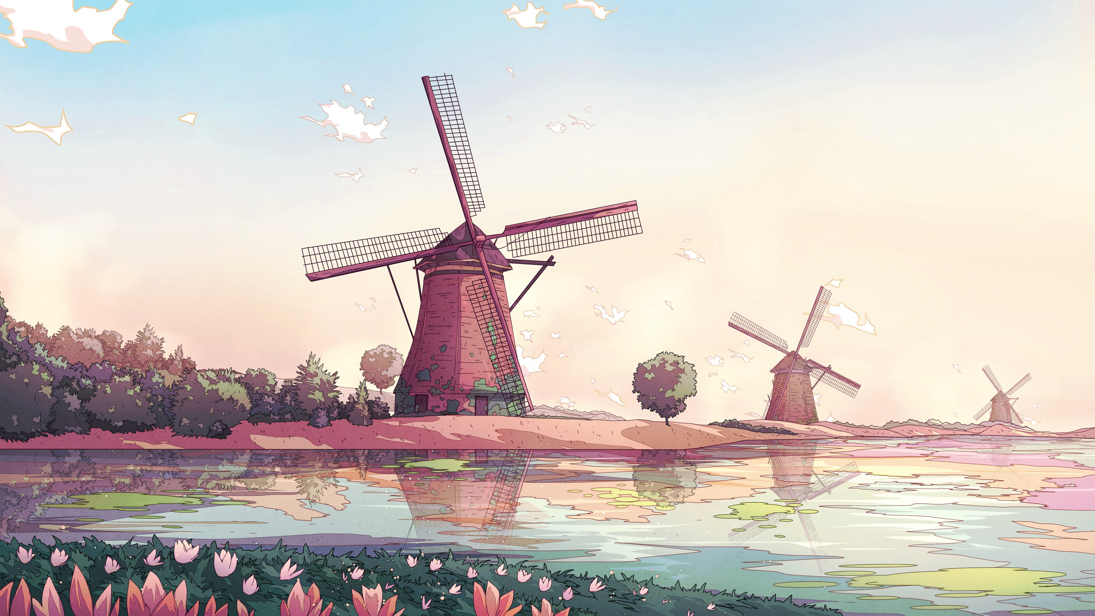 4K Landscape with Windmills and Flowers HD Wallpaper