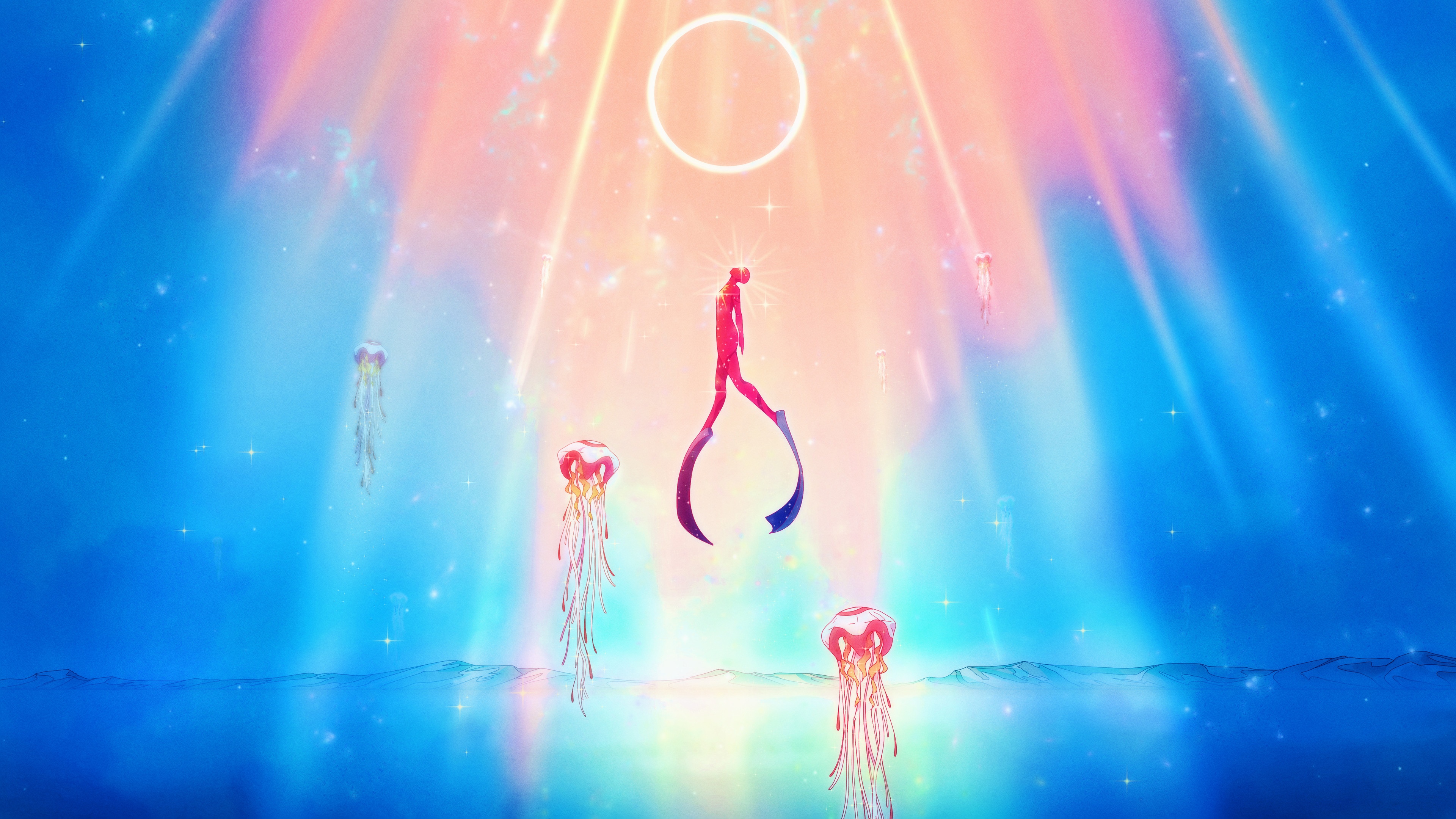 4K Christian Benavides jellyfish swim fins fantasy art HD Wallpaper