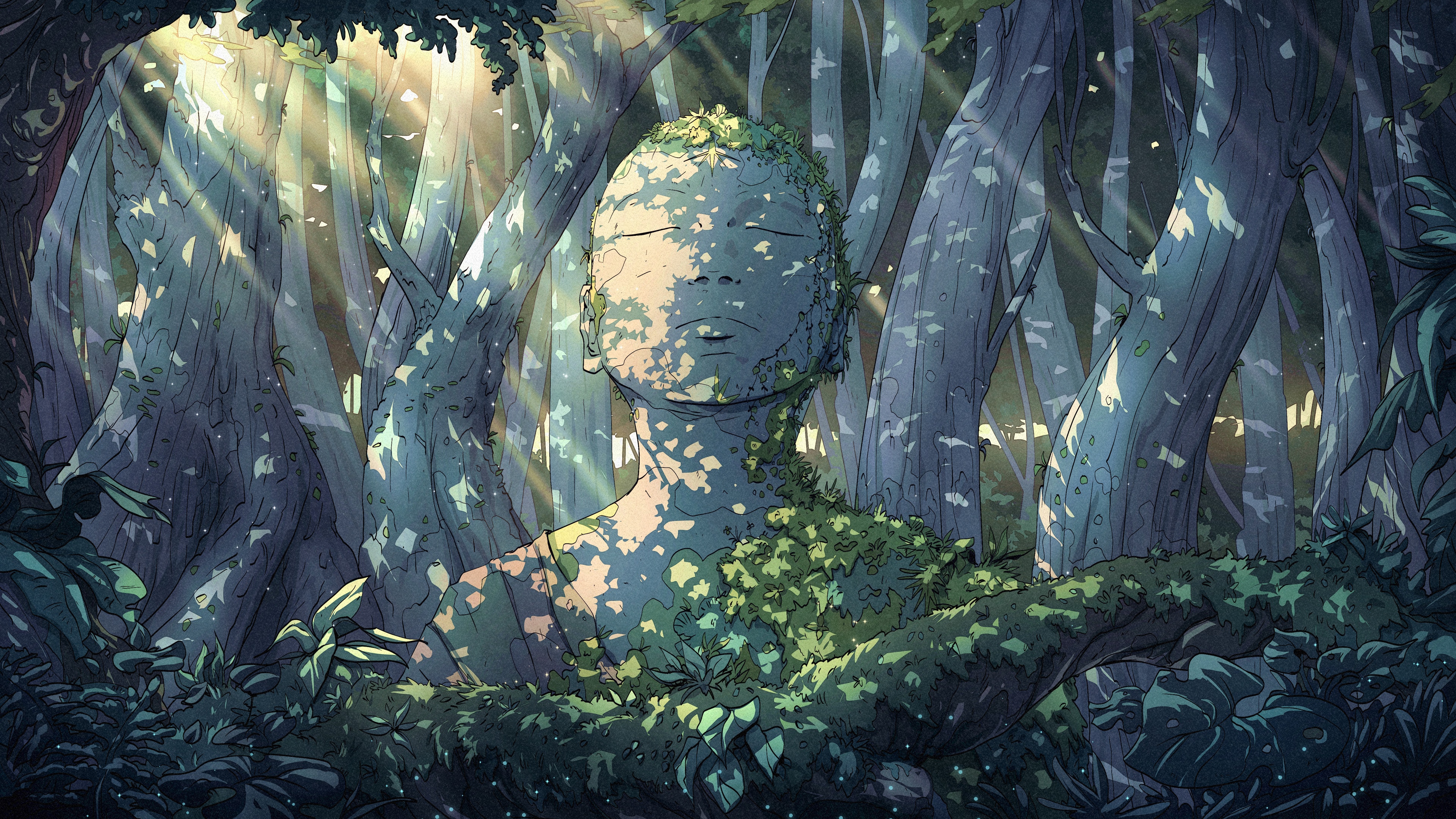 4K forest with statue and sunbeams HD Wallpaper
