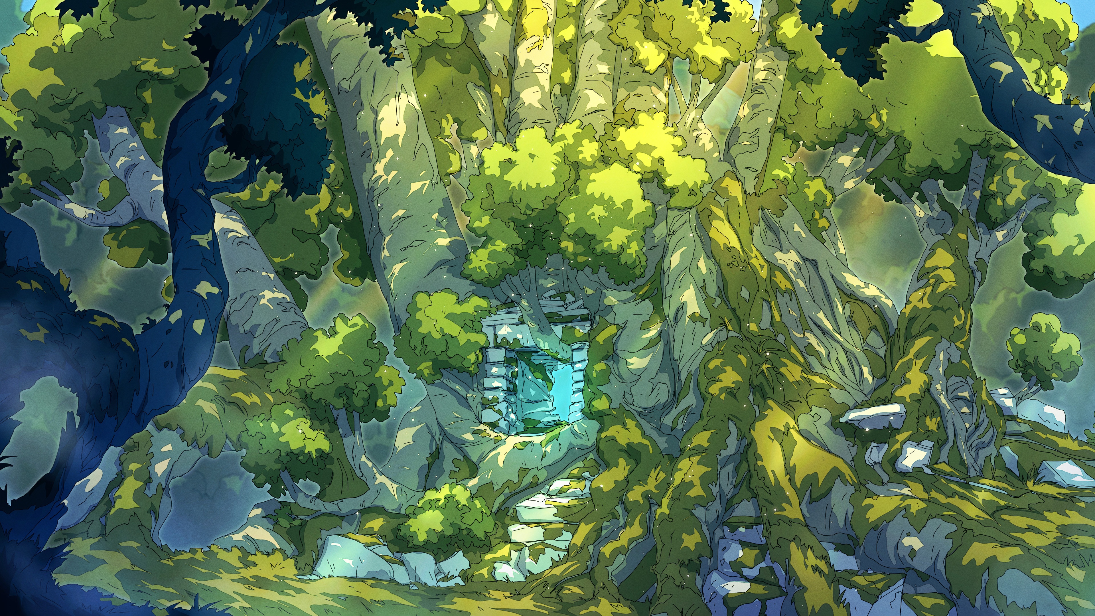 4K Fantasy Art of a Forest Ruin with Sunlight HD Wallpaper