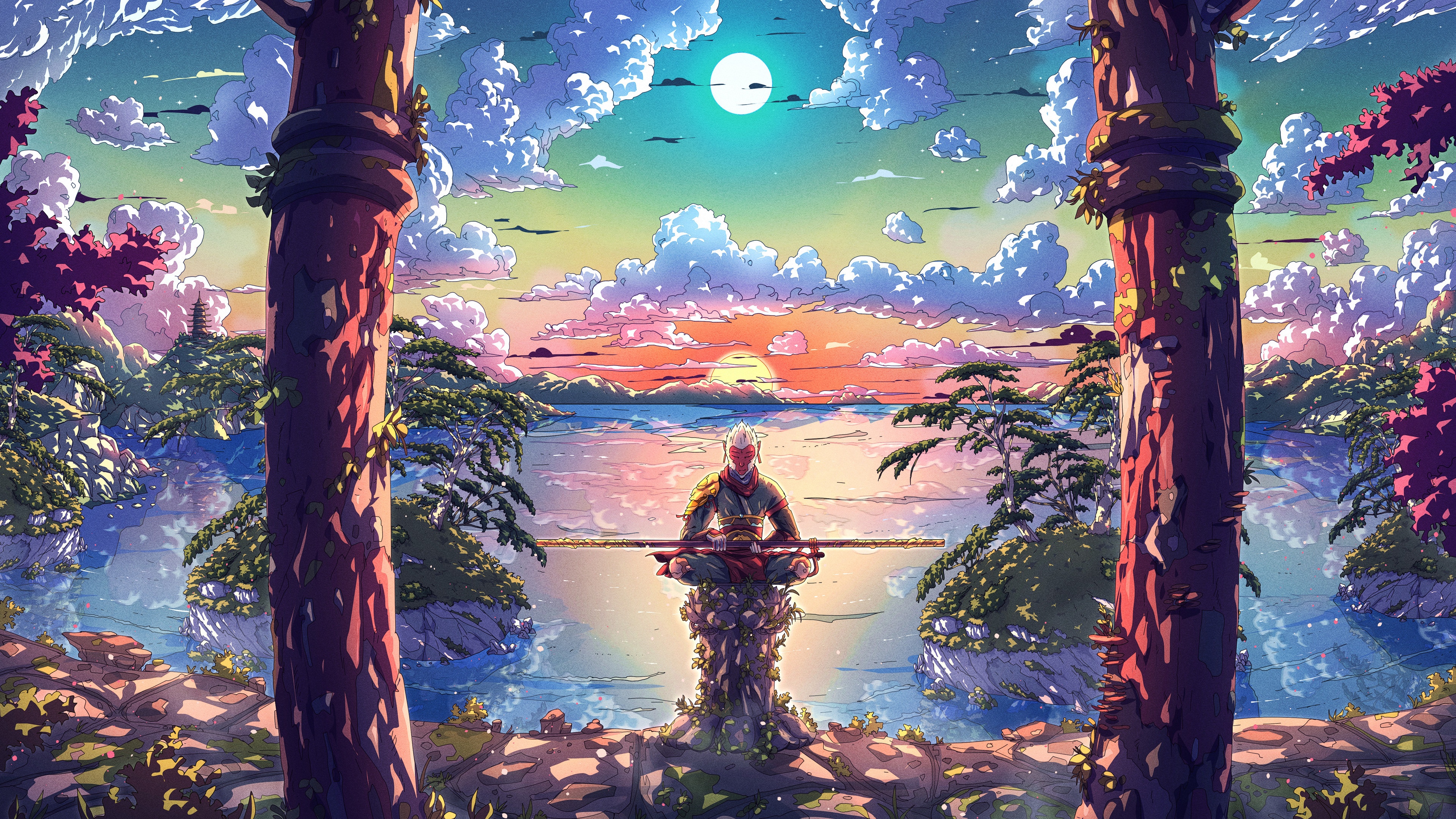 Sun Wukong meditating by the water at sunset HD Wallpaper