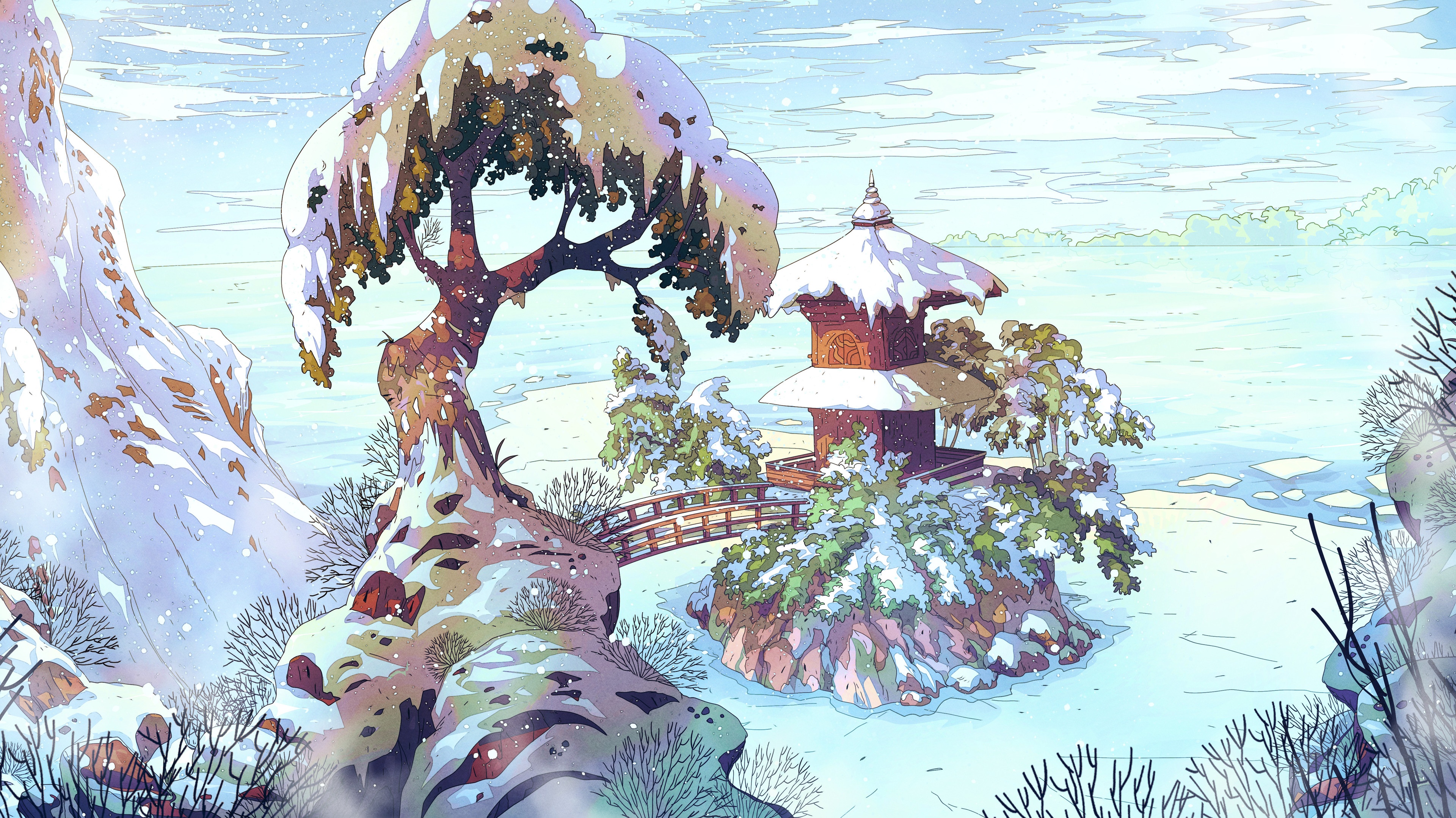 4K snow landscape with Asian architecture HD Wallpaper